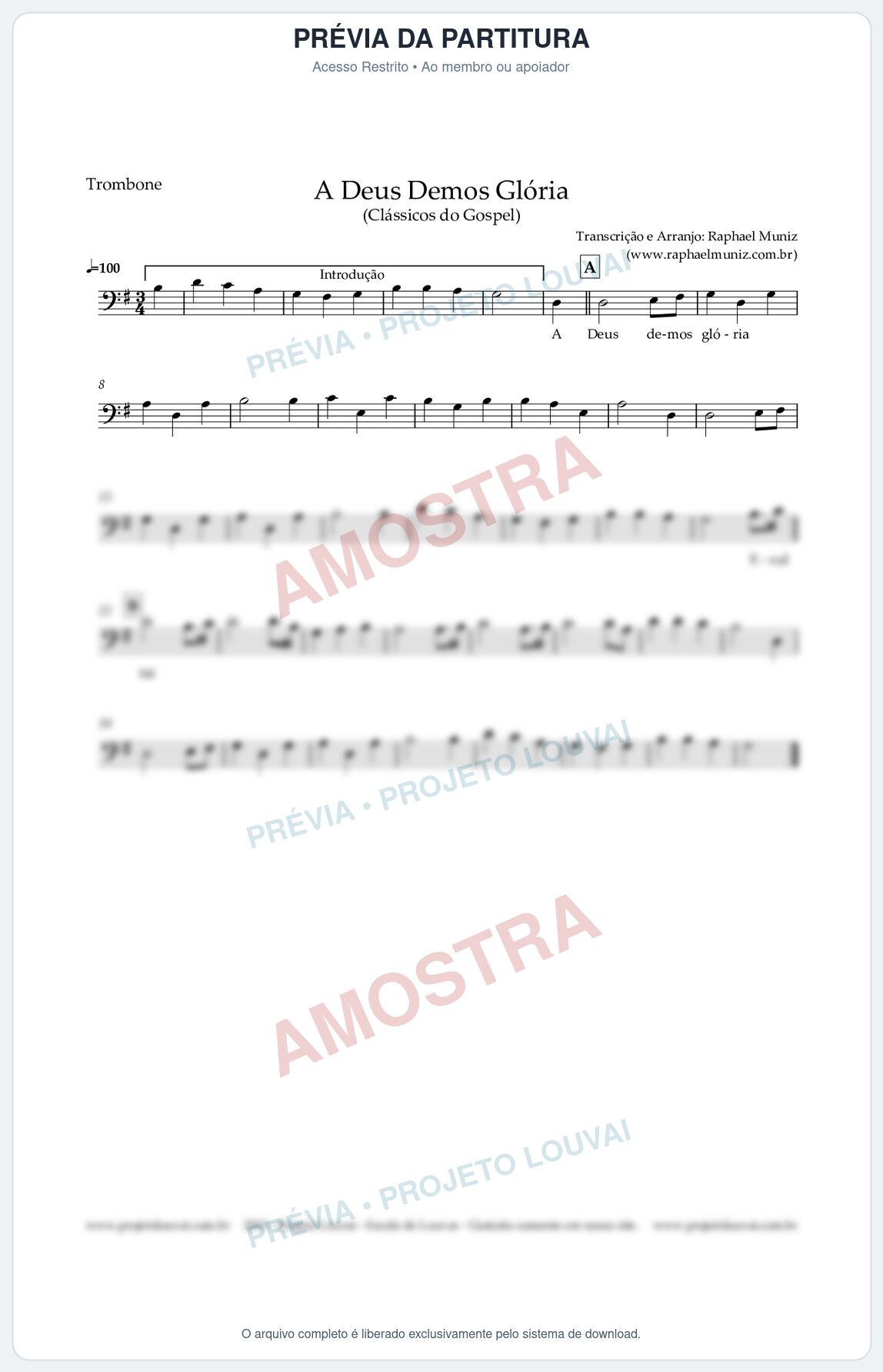 Prévia protegida da primeira página da partitura Partitura para Trombone - A Deus demos Glória - Clássicos do Gospel