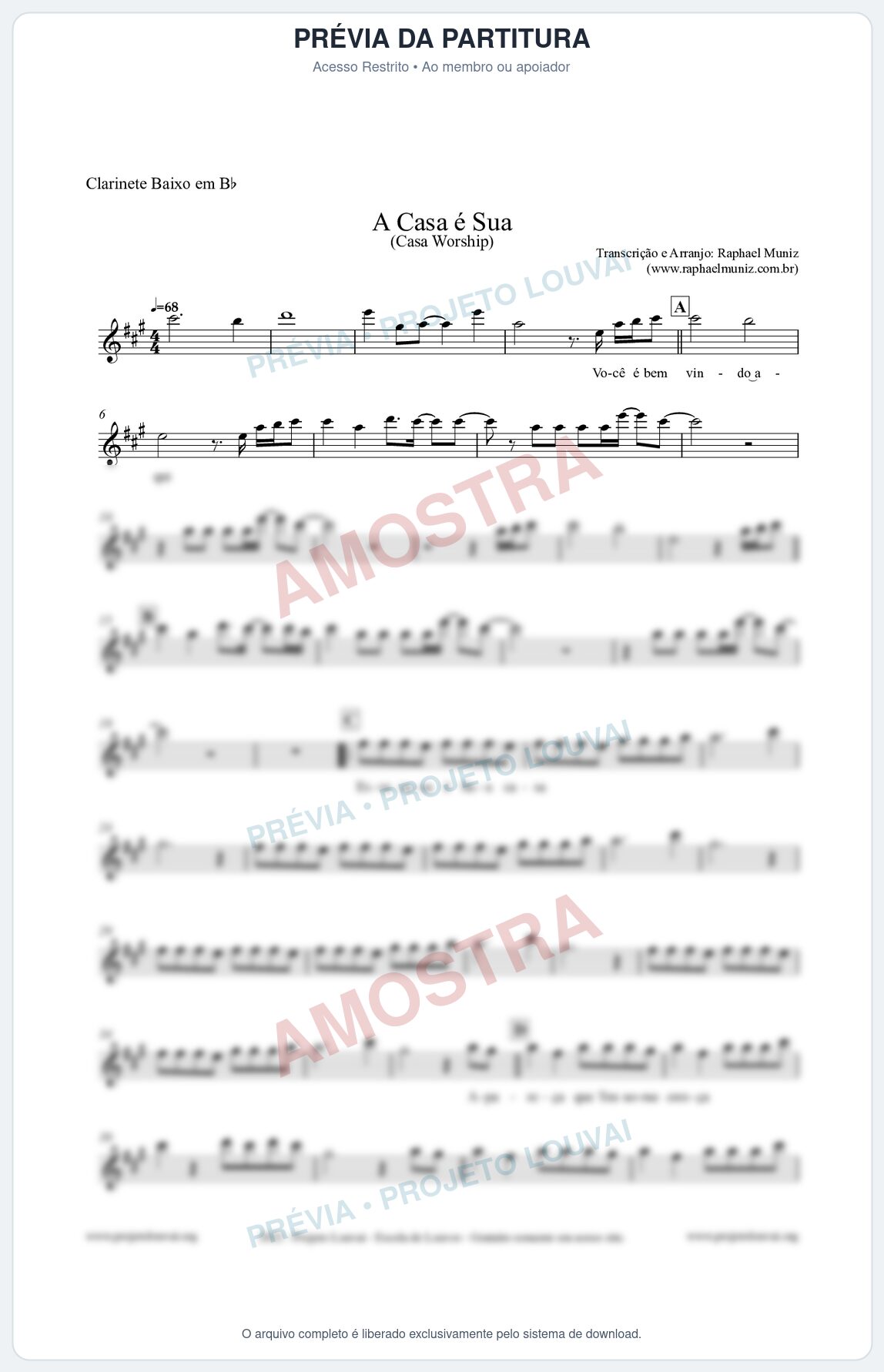 Prévia protegida da primeira página da partitura Partitura para Clarinete Baixo em Bb - A Casa é Sua - Casa Worship