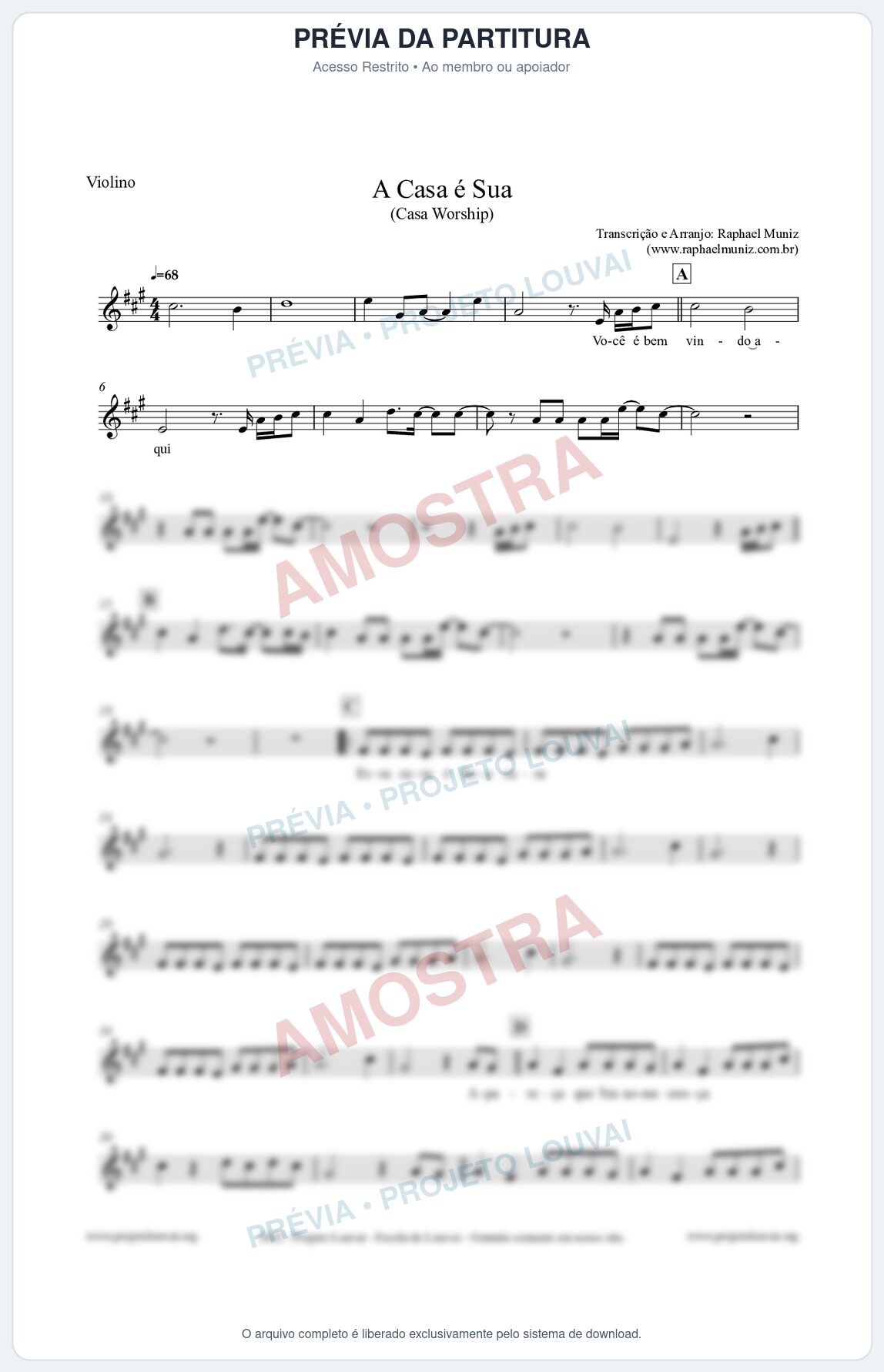 Prévia protegida da primeira página da partitura Partitura para Violino - A Casa é Sua - Casa Worship