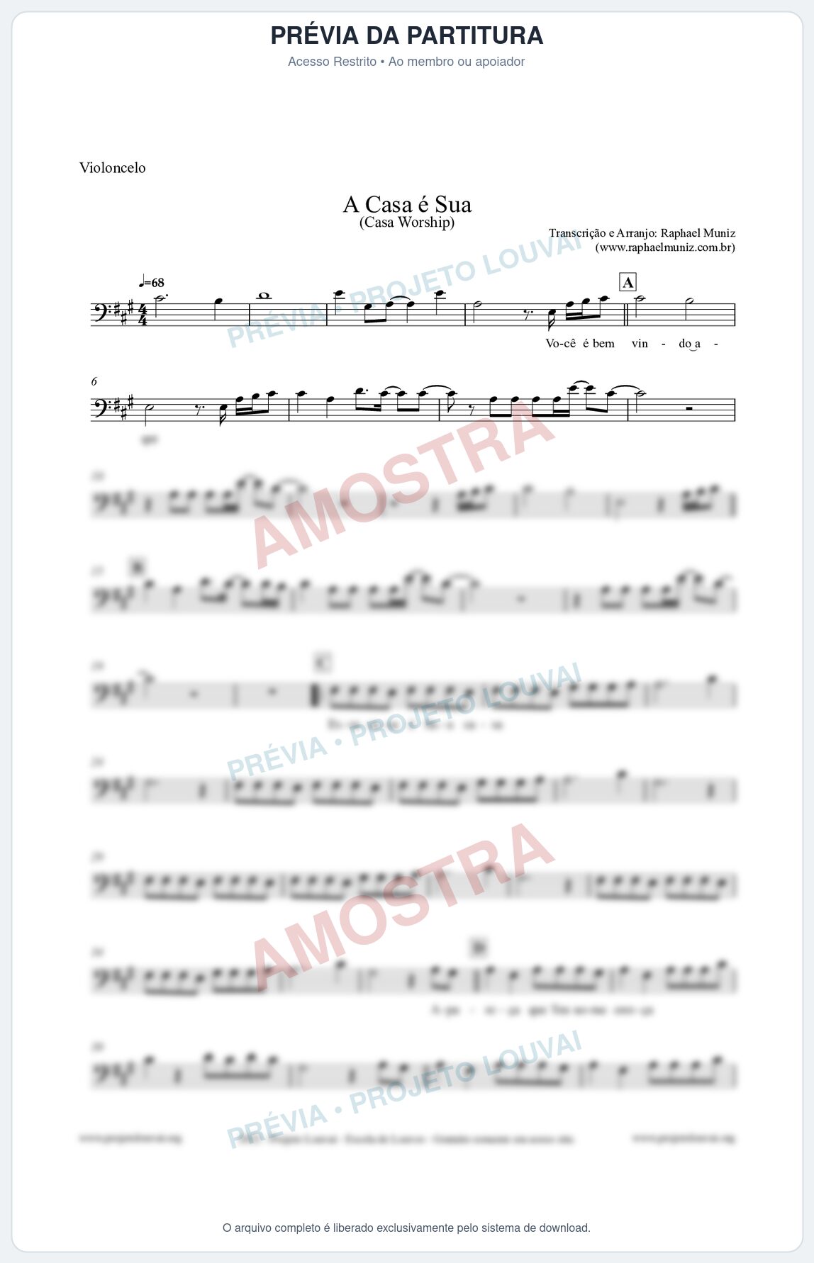 Prévia protegida da primeira página da partitura Partitura para Violoncelo - A Casa é Sua - Casa Worship