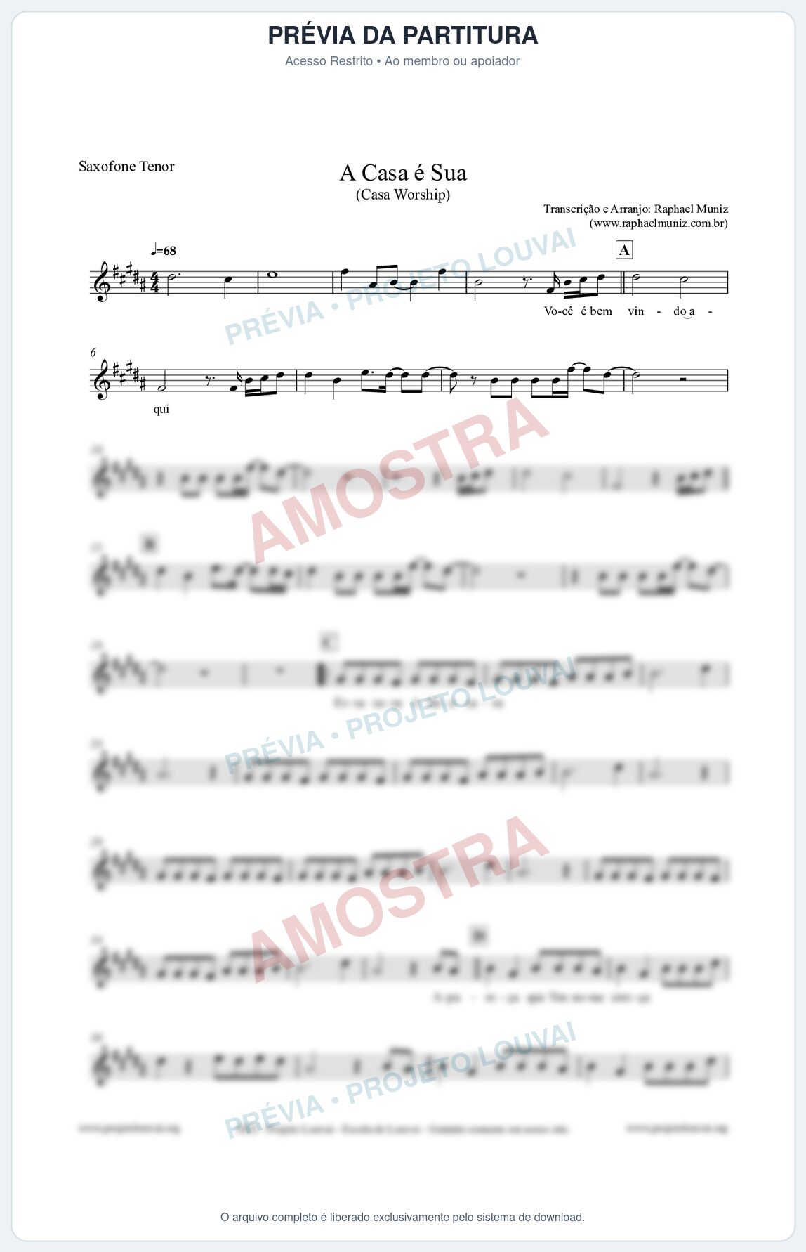 Prévia protegida da primeira página da partitura Partitura para Saxofone Tenor - A Casa é Sua - Casa Worship