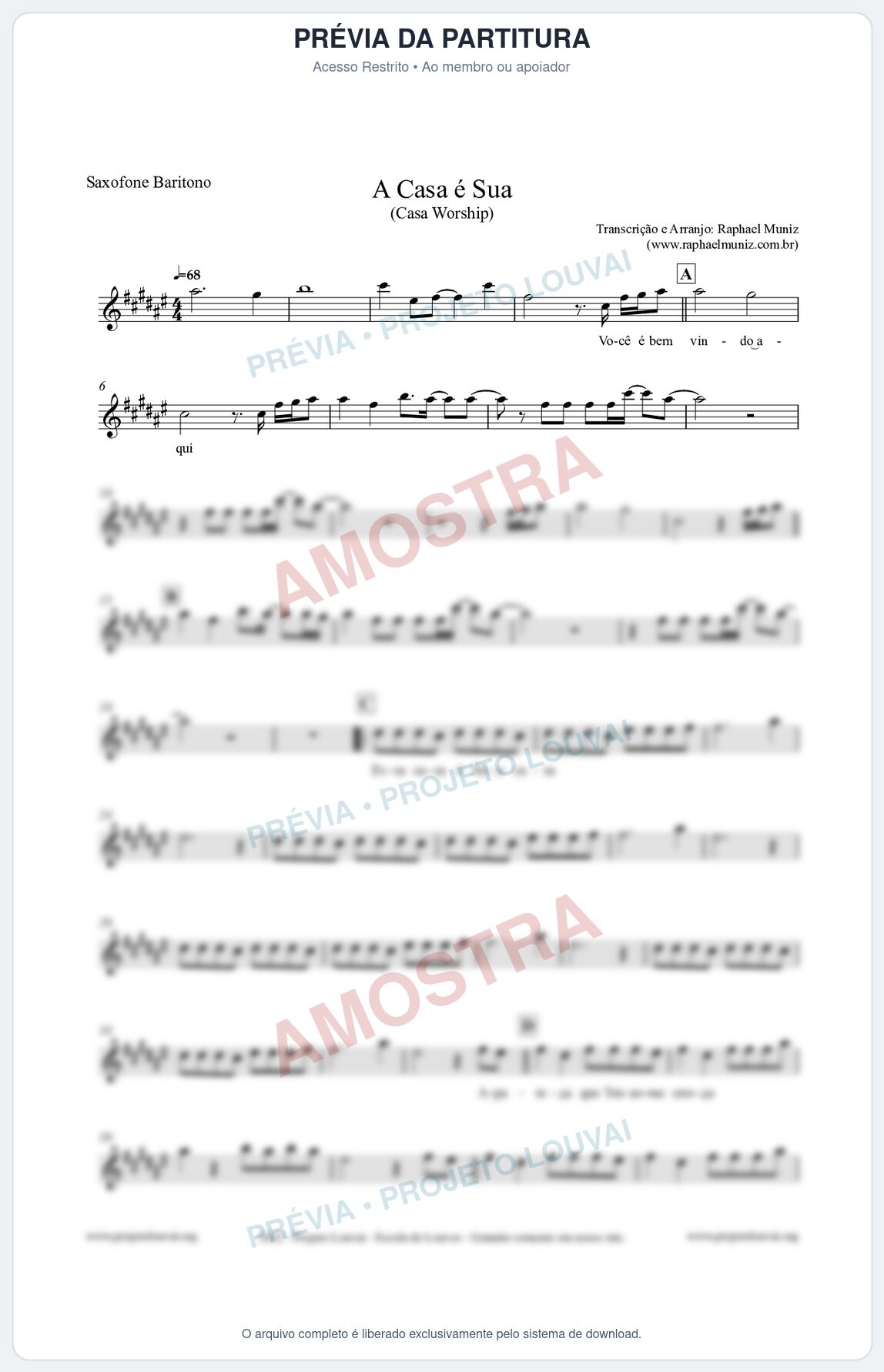 Prévia protegida da primeira página da partitura Partitura para Saxofone Barítono - A Casa é Sua - Casa Worship