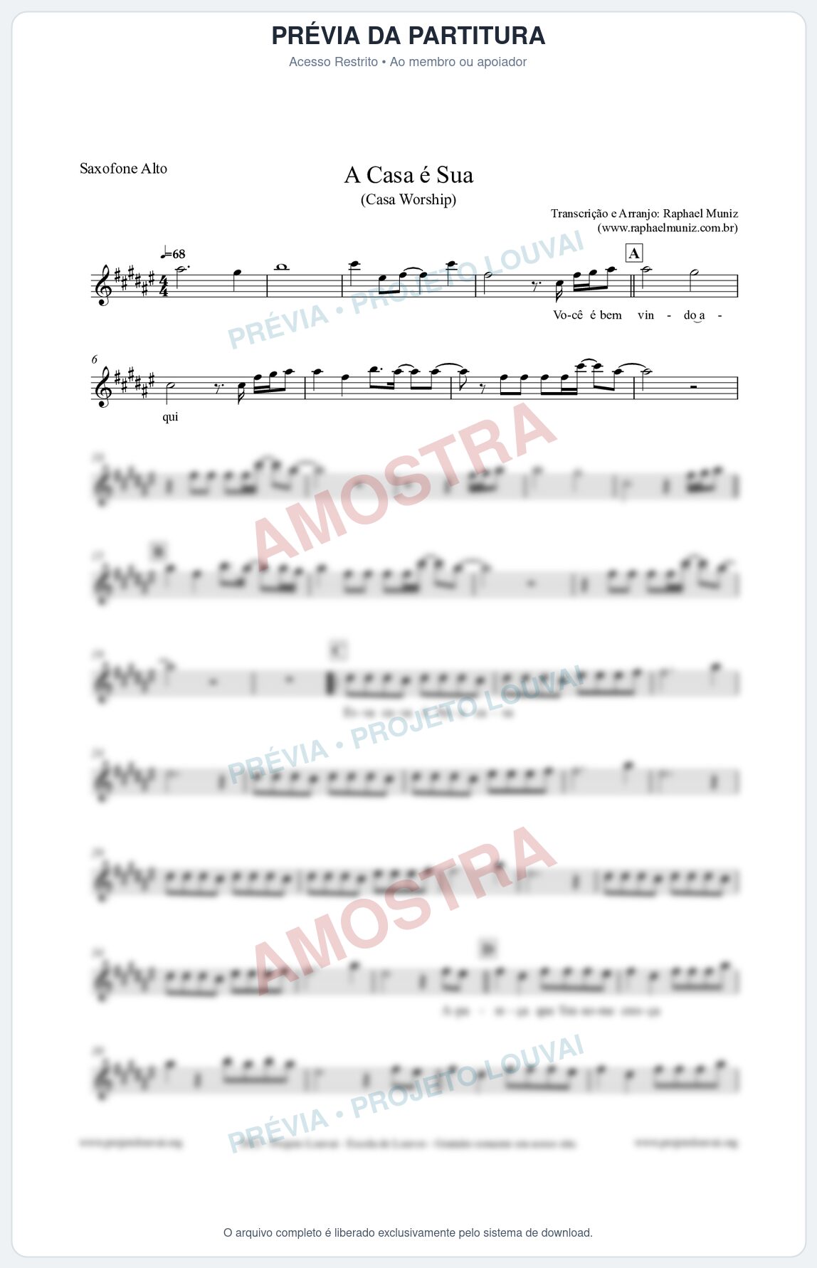 Prévia protegida da primeira página da partitura Partitura para Saxofone Alto - A Casa é Sua - Casa Worship