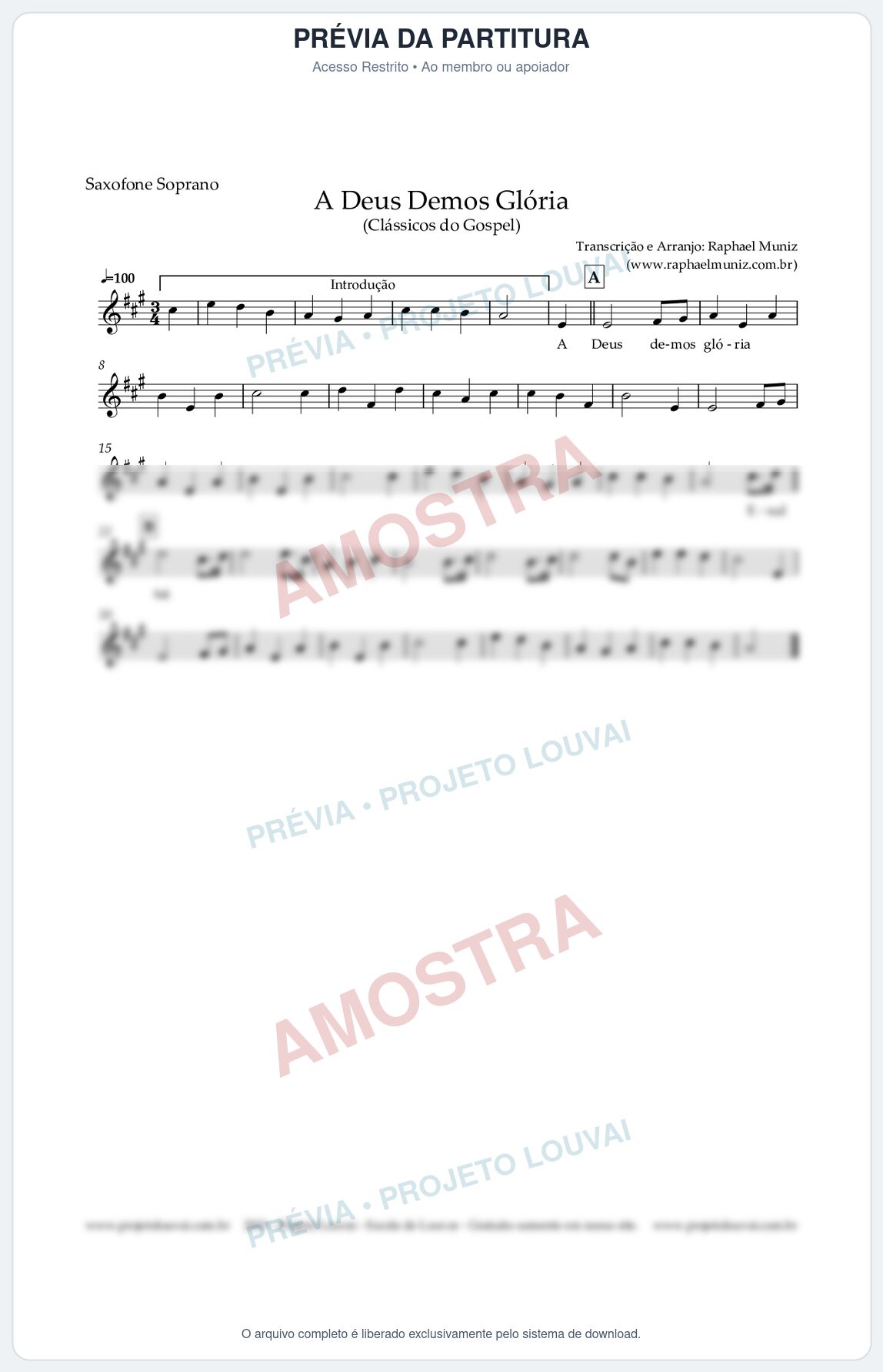 Prévia protegida da primeira página da partitura Partitura para Saxofone Soprano - A Deus demos Glória - Clássicos do Gospel