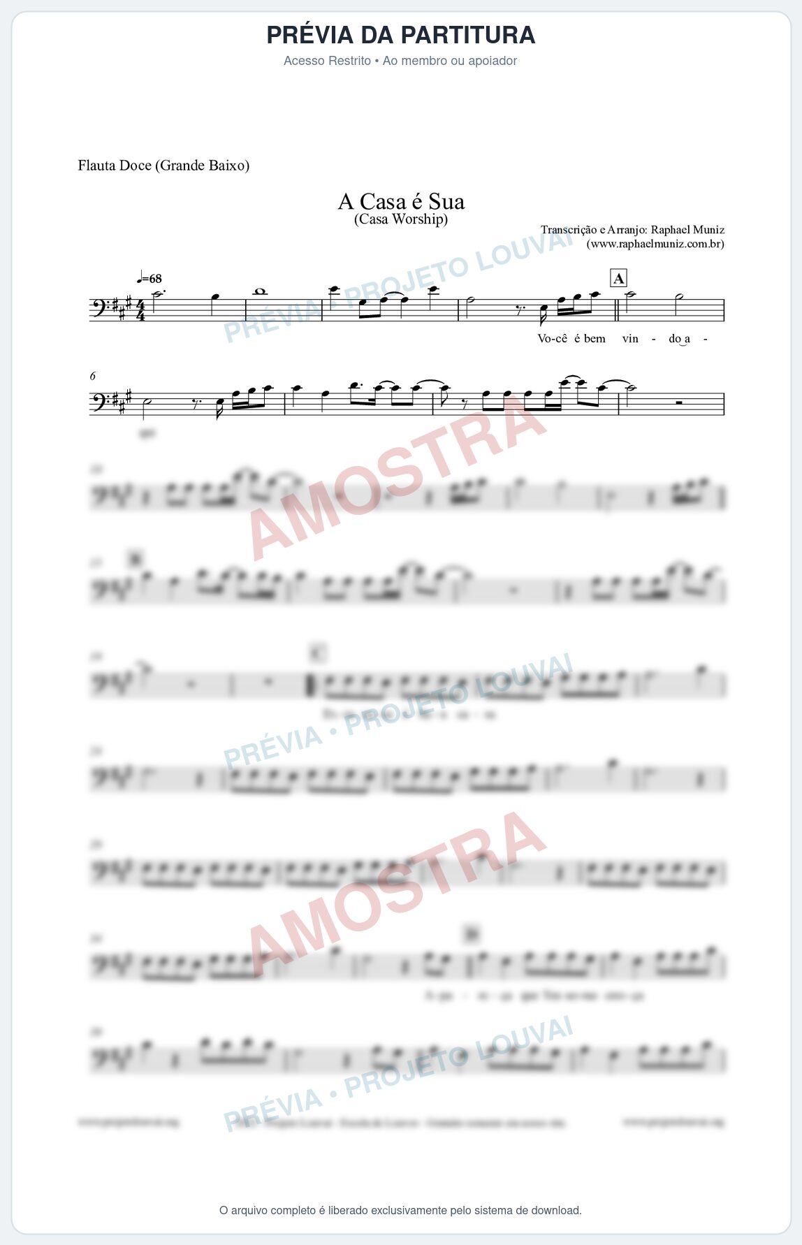 Prévia protegida da primeira página da partitura Partitura para Flauta Doce (Grande Baixo) - A Casa é Sua - Casa Worship