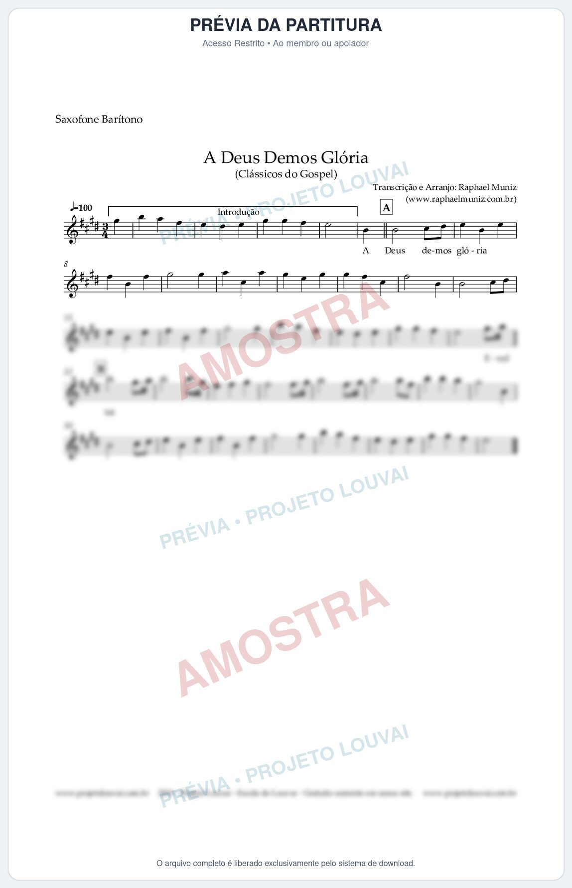 Prévia protegida da primeira página da partitura Partitura para Saxofone Barítono - A Deus demos Glória - Clássicos do Gospel