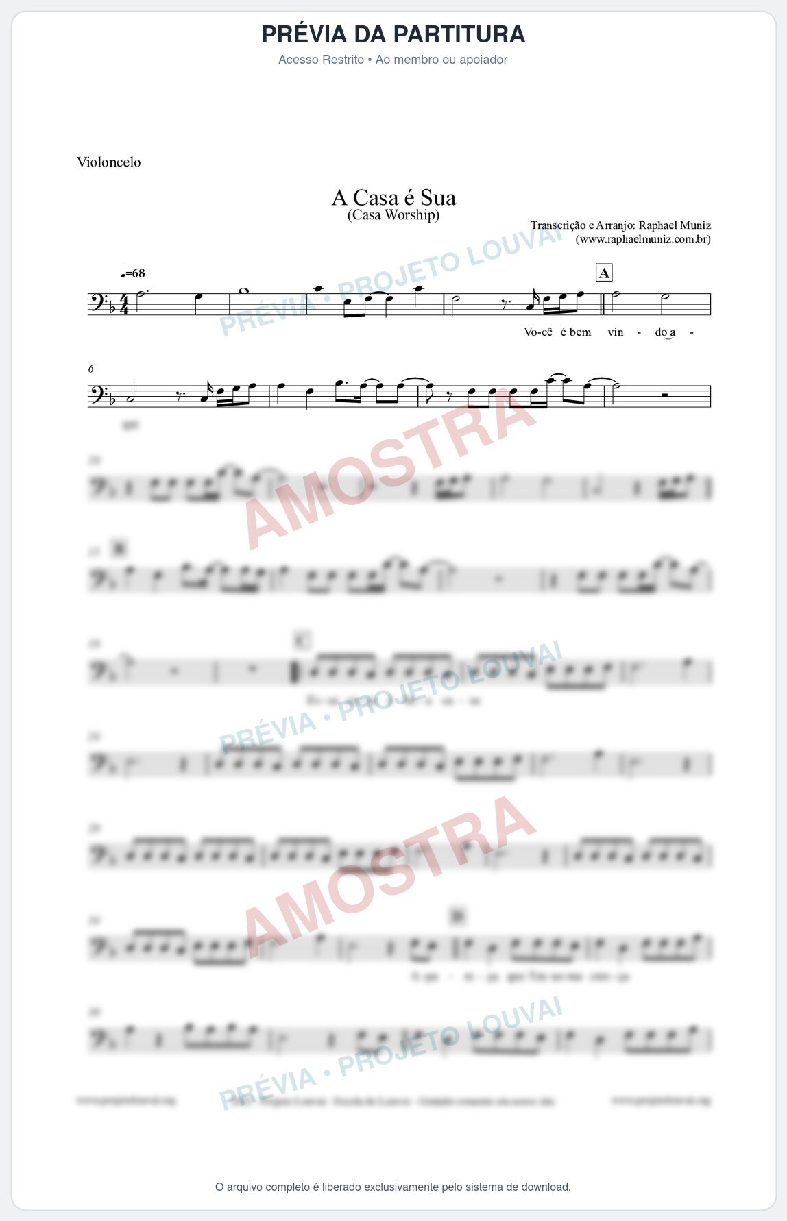Prévia protegida da primeira página da partitura Partitura para Violoncelo - A Casa é Sua - Casa Worship