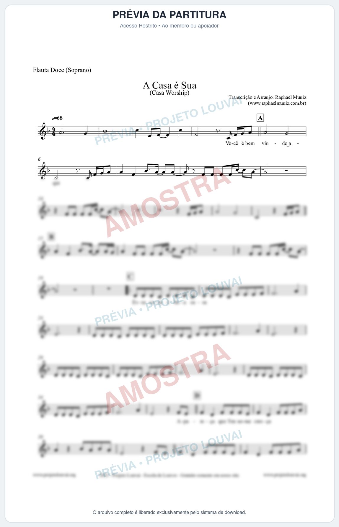 Prévia protegida da primeira página da partitura Partitura para Flauta Doce (Soprano) - A Casa é Sua - Casa Worship