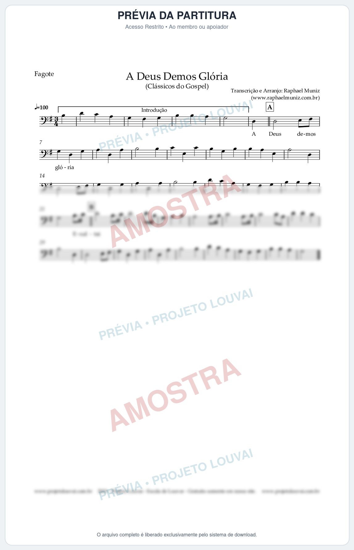 Prévia protegida da primeira página da partitura Partitura para Fagote - A Deus demos Glória - Clássicos do Gospel