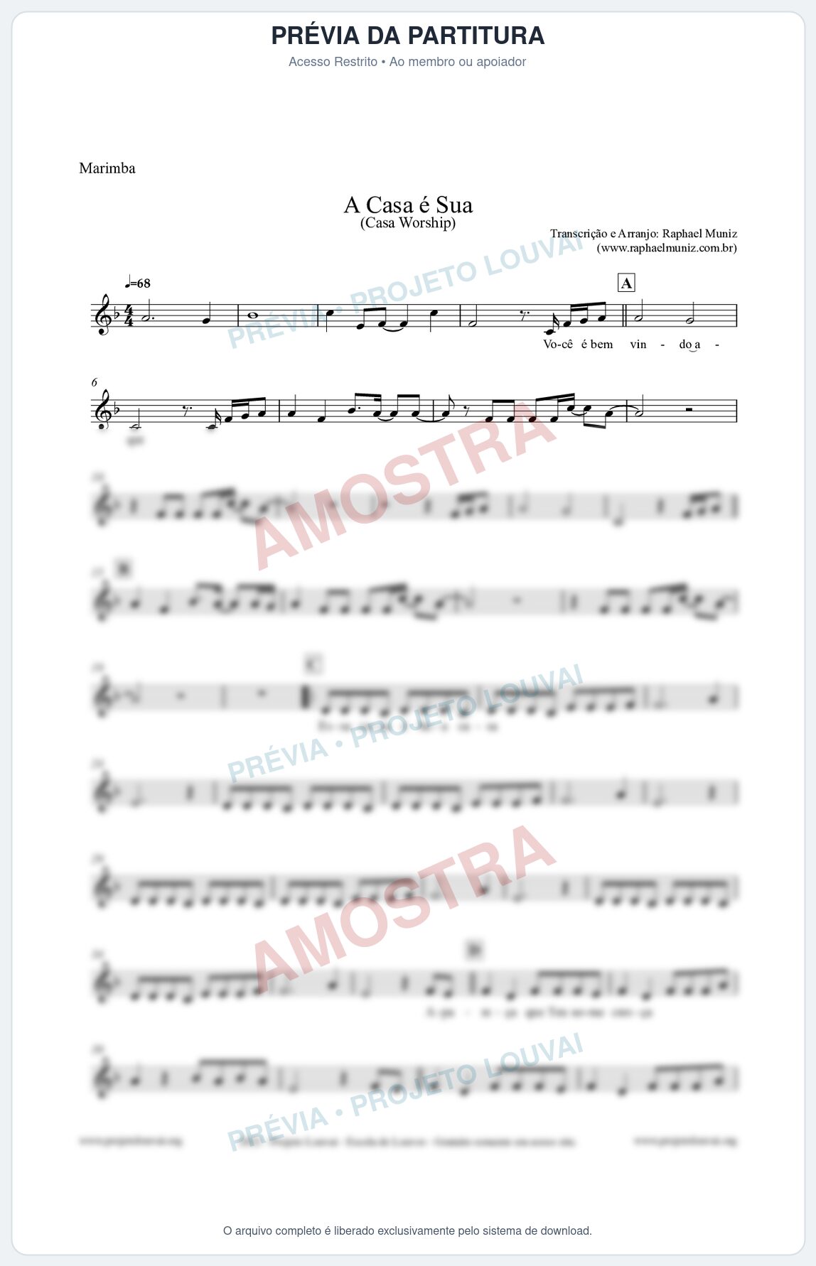 Prévia protegida da primeira página da partitura Partitura para Marimba - A Casa é Sua - Casa Worship