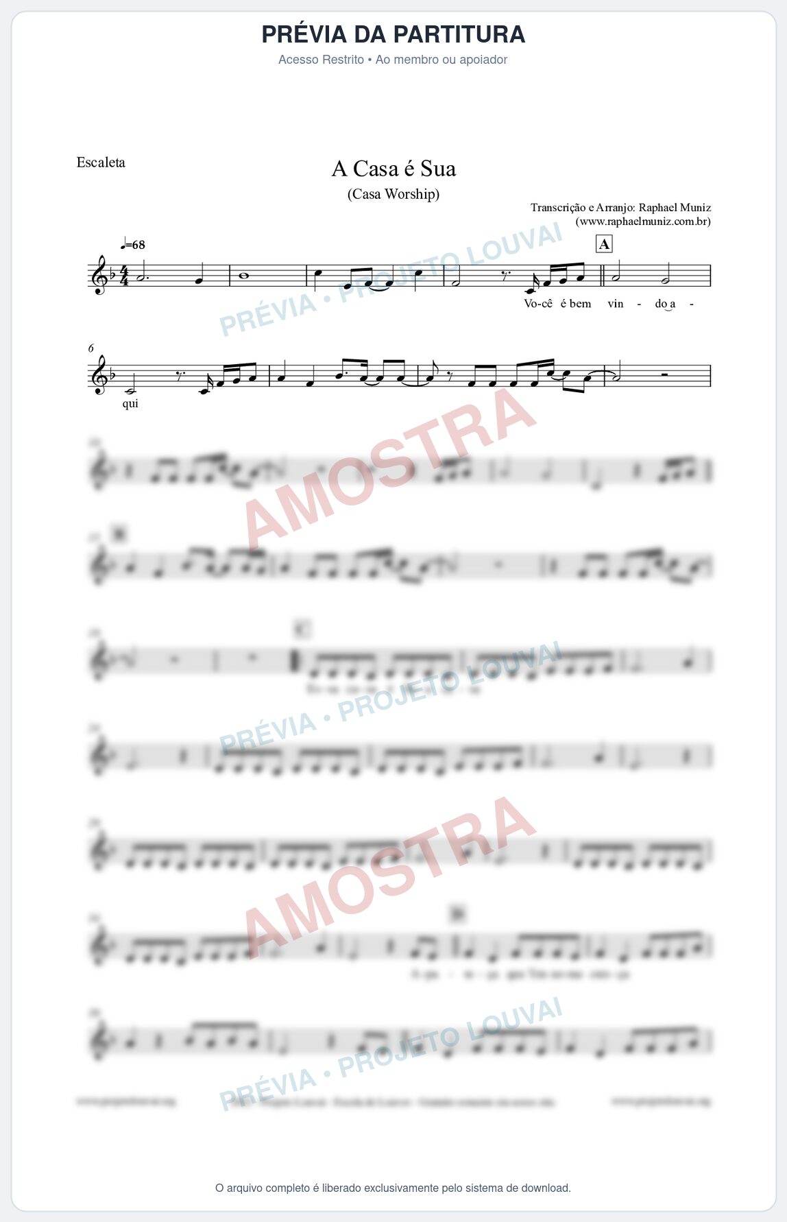 Prévia protegida da primeira página da partitura Partitura para Escaleta - A Casa é Sua - Casa Worship