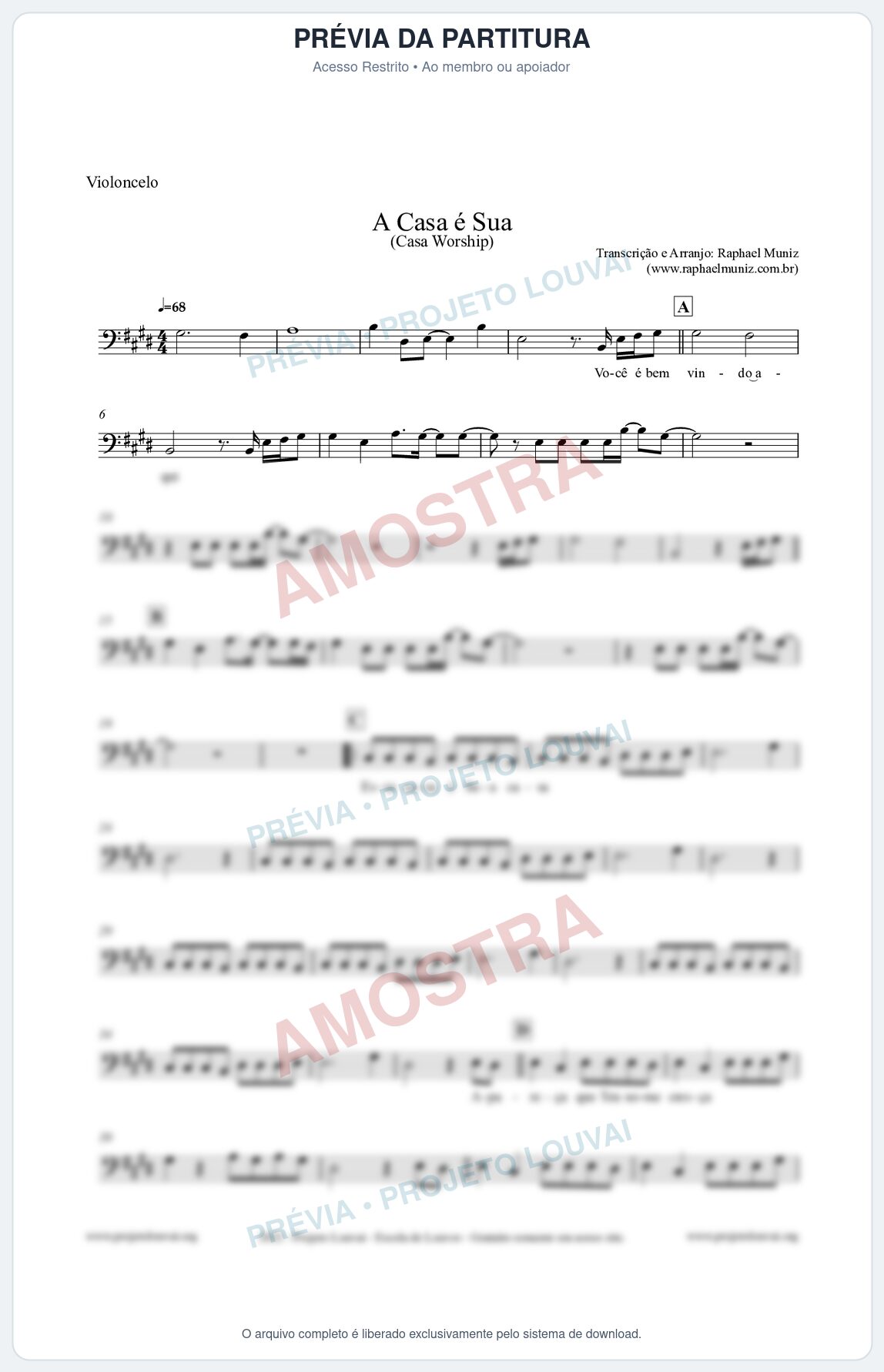 Prévia protegida da primeira página da partitura Partitura para Violoncelo - A Casa é Sua - Casa Worship