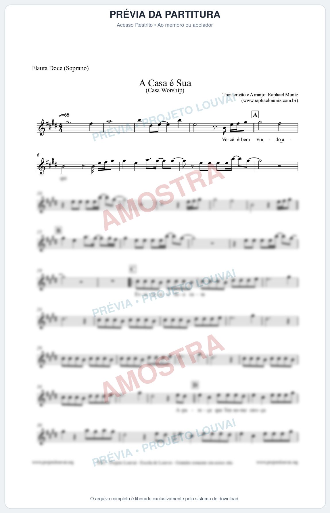 Prévia protegida da primeira página da partitura Partitura para Flauta Doce (Soprano) - A Casa é Sua - Casa Worship