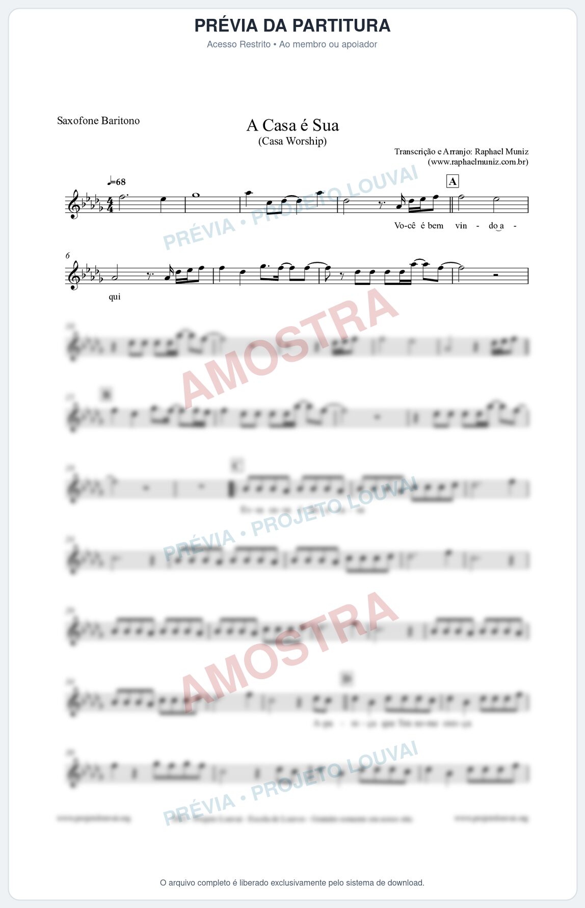 Prévia protegida da primeira página da partitura Partitura para Saxofone Barítono - A Casa é Sua - Casa Worship