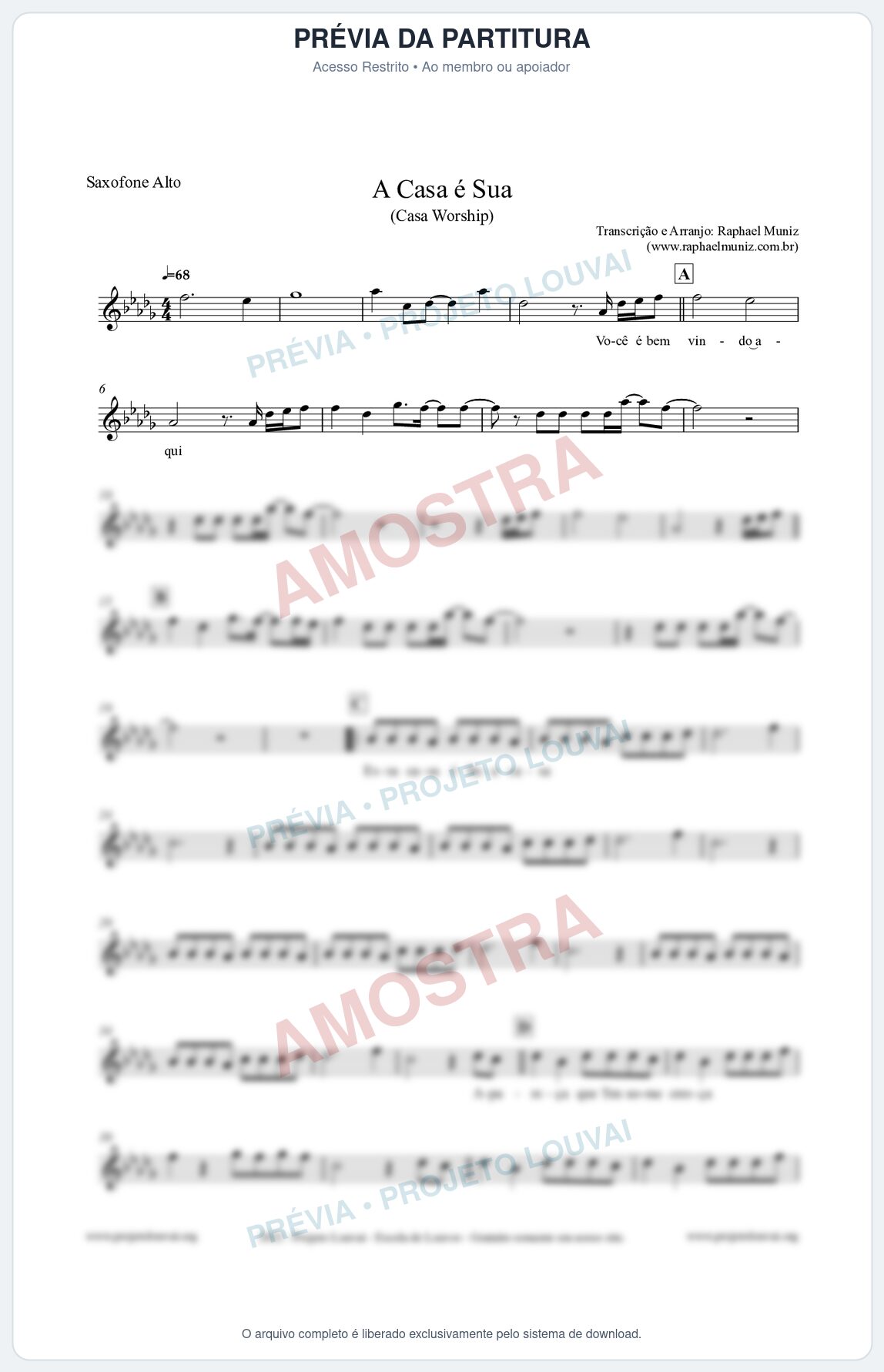 Prévia protegida da primeira página da partitura Partitura para Saxofone Alto - A Casa é Sua - Casa Worship