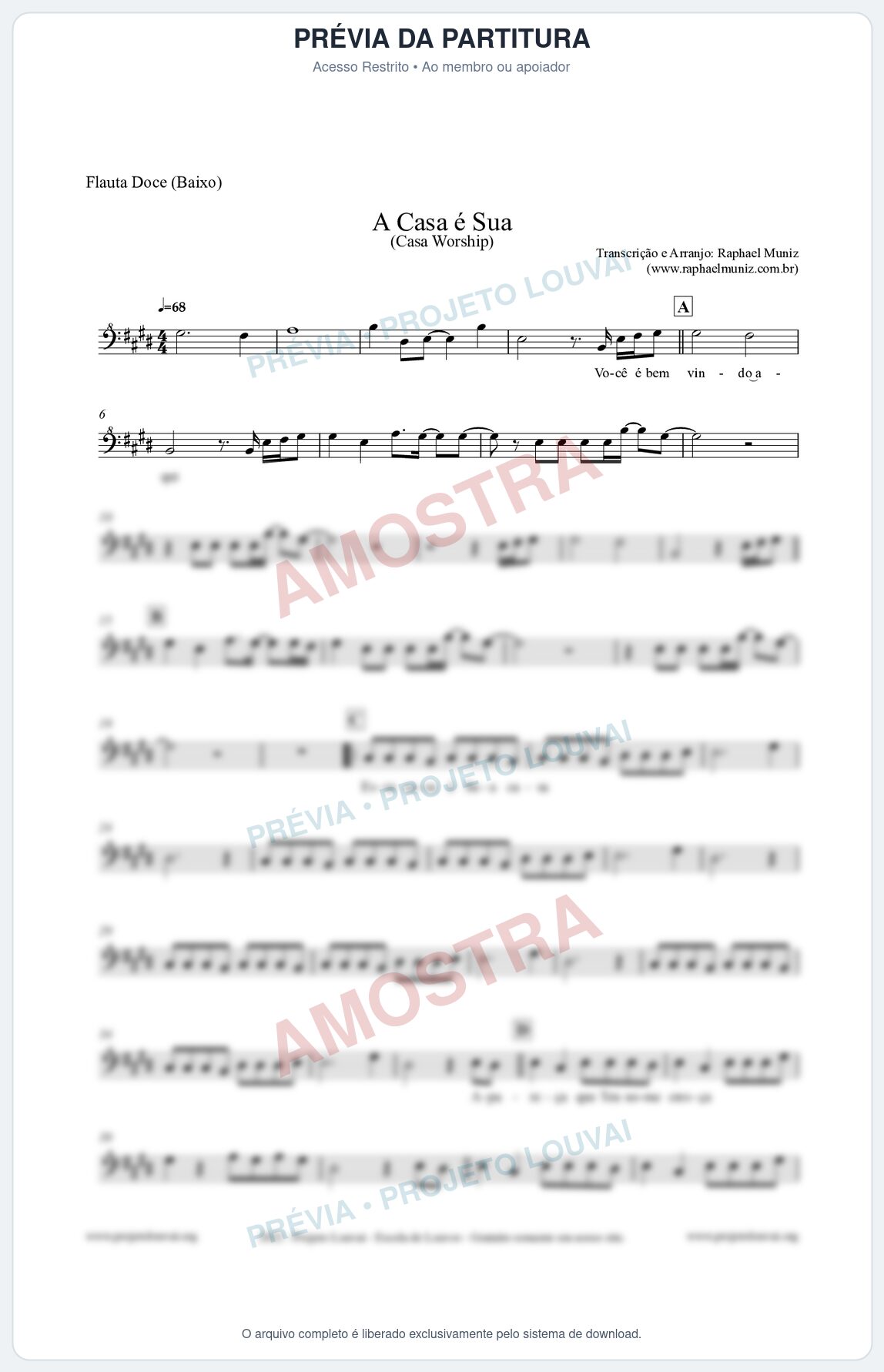 Prévia protegida da primeira página da partitura Partitura para Flauta Doce (Baixo) - A Casa é Sua - Casa Worship