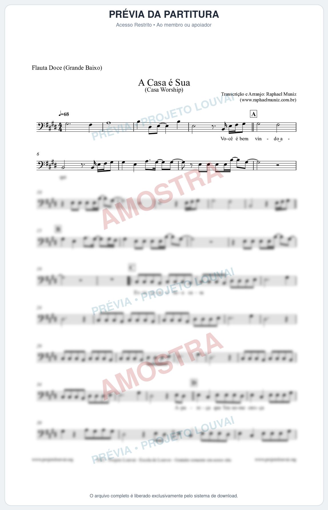 Prévia protegida da primeira página da partitura Partitura para Flauta Doce (Grande Baixo) - A Casa é Sua - Casa Worship