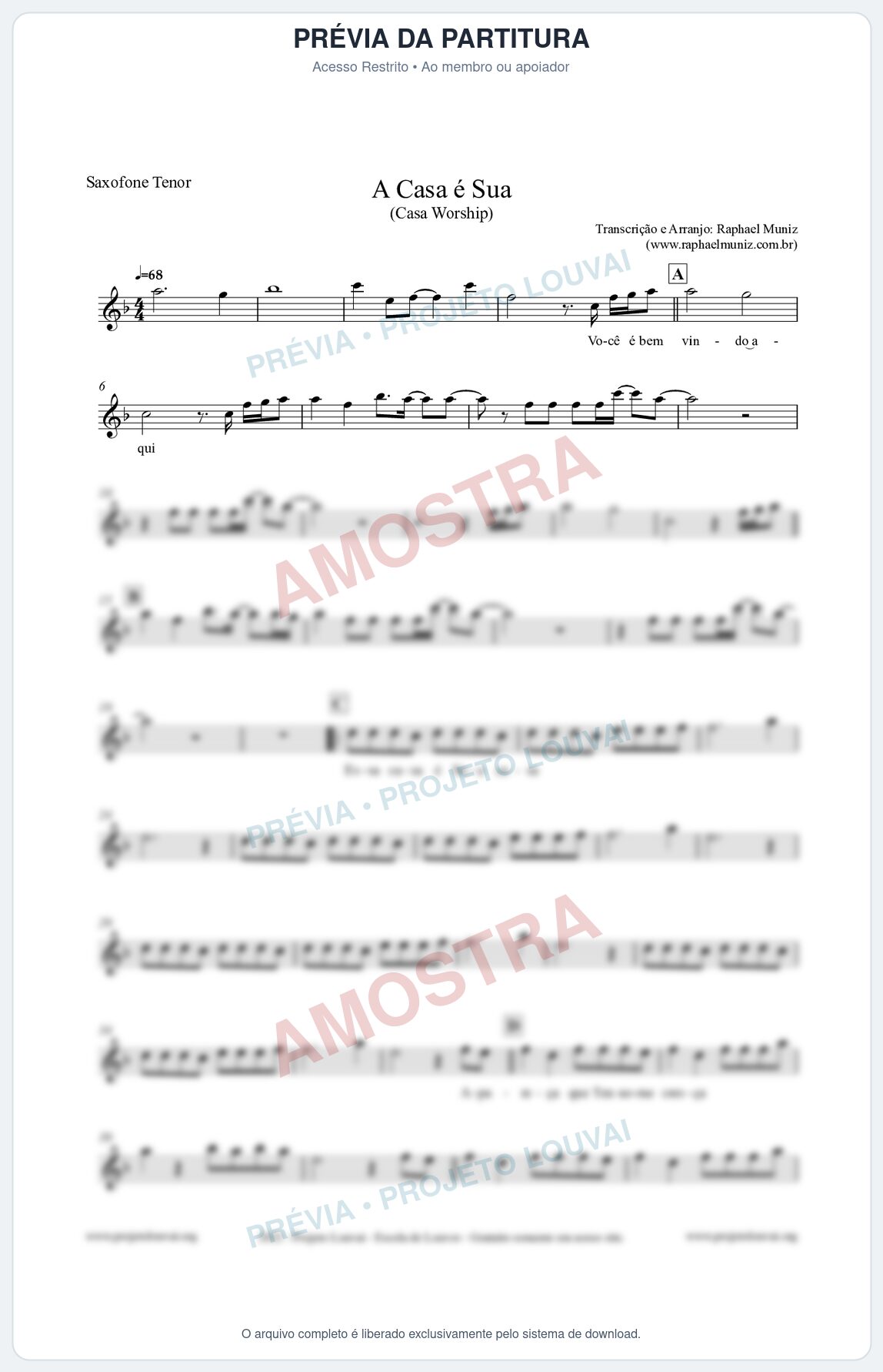 Prévia protegida da primeira página da partitura Partitura para Saxofone Tenor - A Casa é Sua - Casa Worship