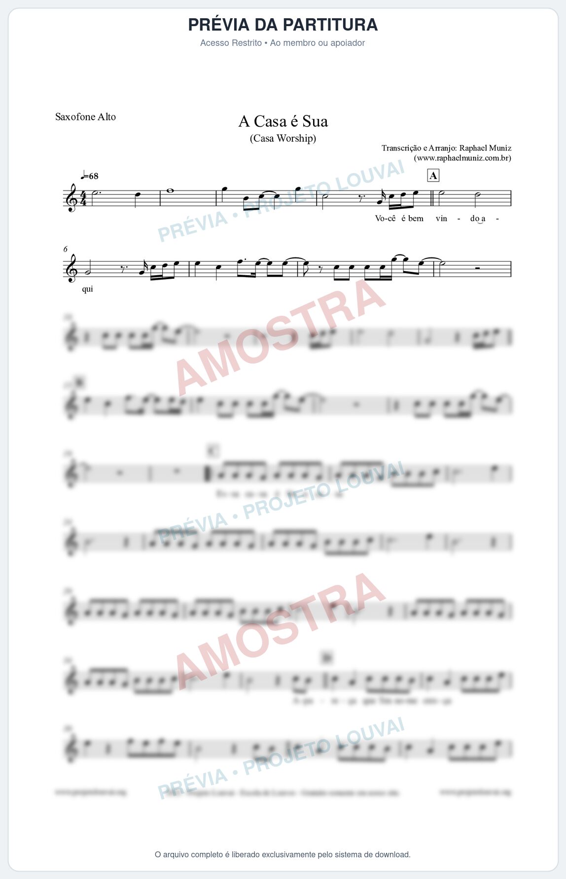 Prévia protegida da primeira página da partitura Partitura para Saxofone Alto - A Casa é Sua - Casa Worship