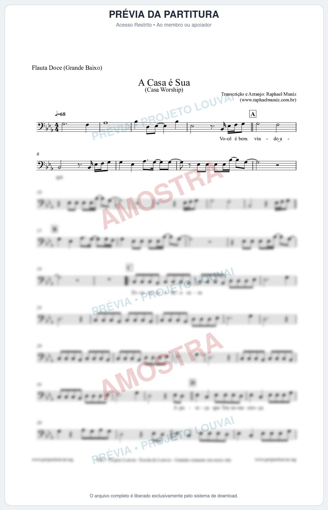 Prévia protegida da primeira página da partitura Partitura para Flauta Doce (Grande Baixo) - A Casa é Sua - Casa Worship