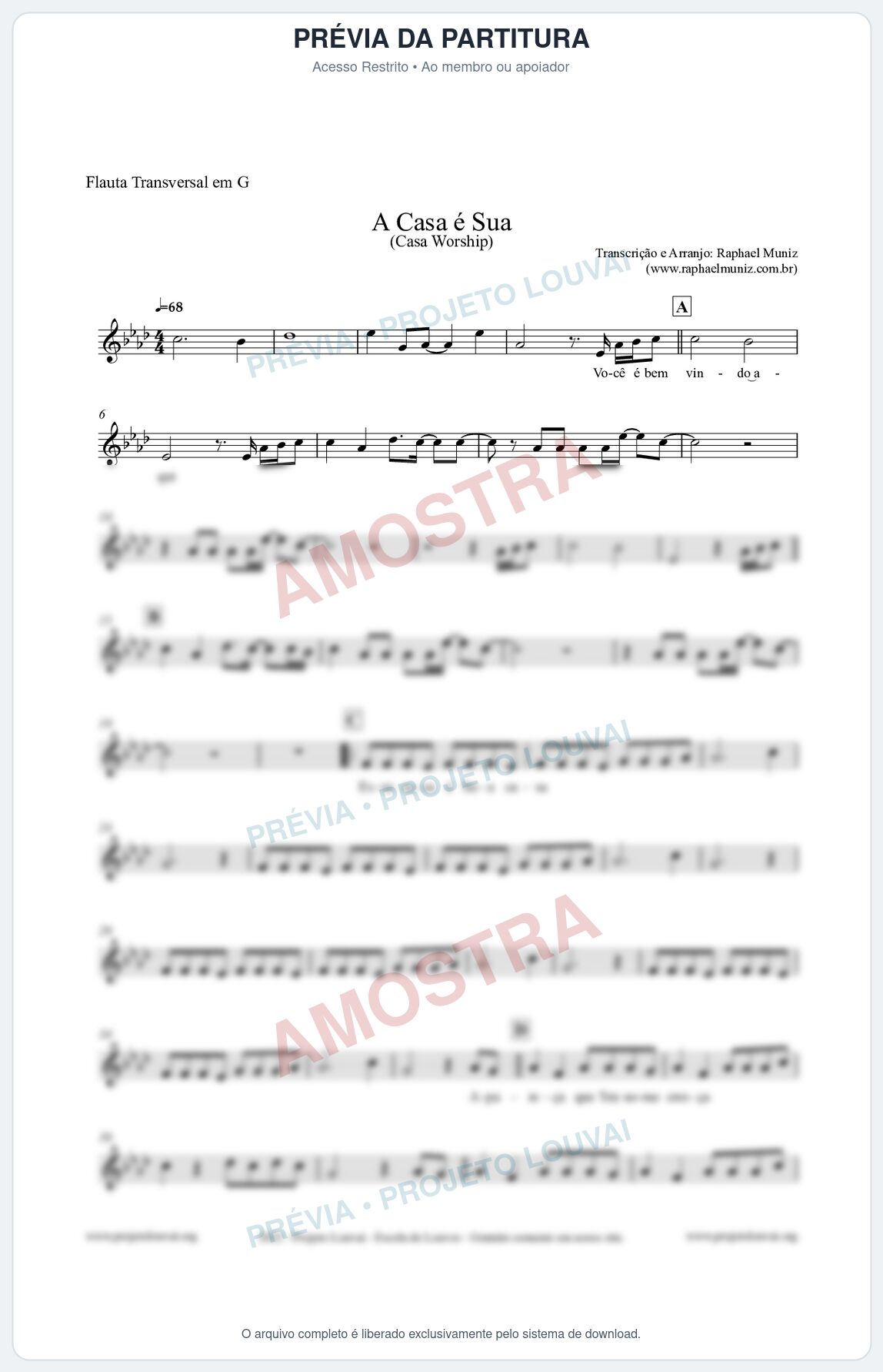 Prévia protegida da primeira página da partitura Partitura para Flauta Transversal em G - A Casa é Sua - Casa Worship