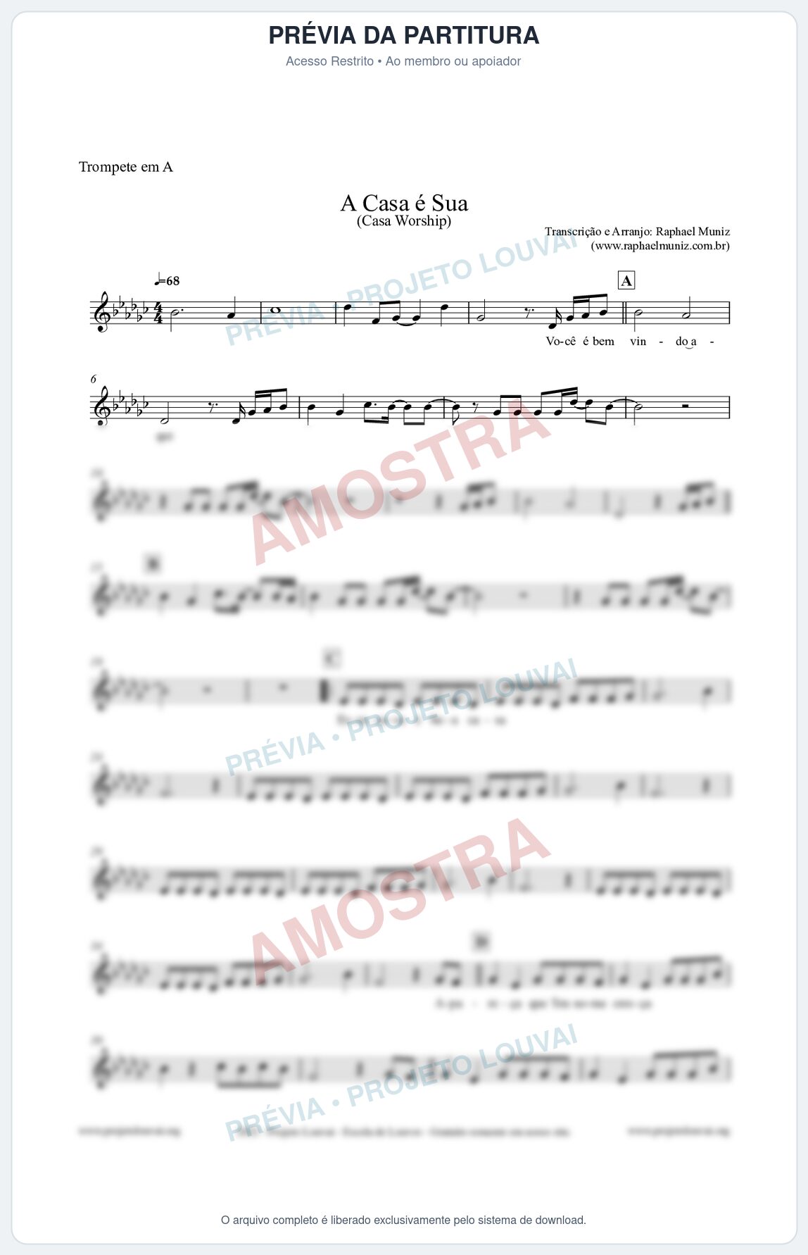 Prévia protegida da primeira página da partitura Partitura para Trompete em A - A Casa é Sua - Casa Worship