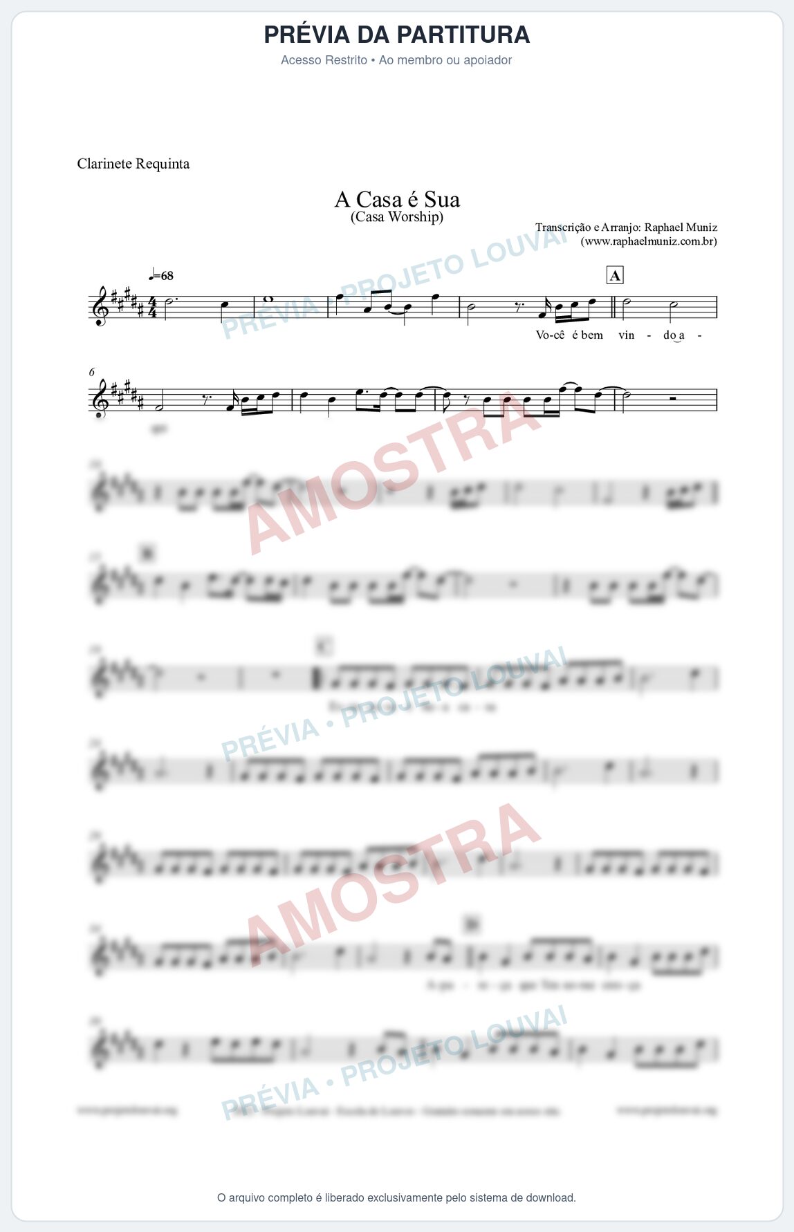 Prévia protegida da primeira página da partitura Partitura para Clarinete Requinta - A Casa é Sua - Casa Worship
