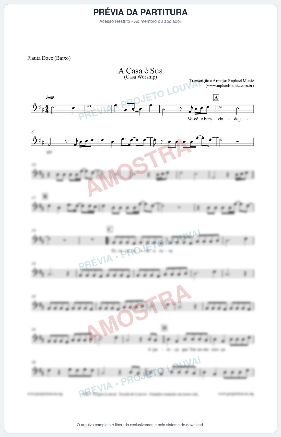 Prévia protegida da primeira página da partitura Partitura para Flauta Doce (Baixo) - A Casa é Sua - Casa Worship