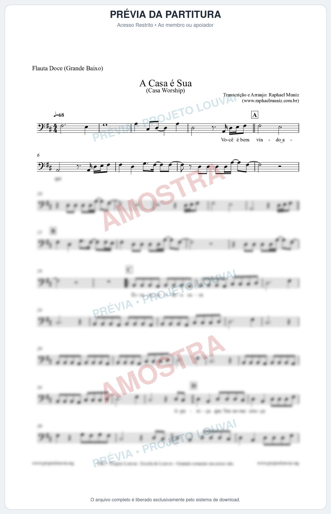 Prévia protegida da primeira página da partitura Partitura para Flauta Doce (Grande Baixo) - A Casa é Sua - Casa Worship