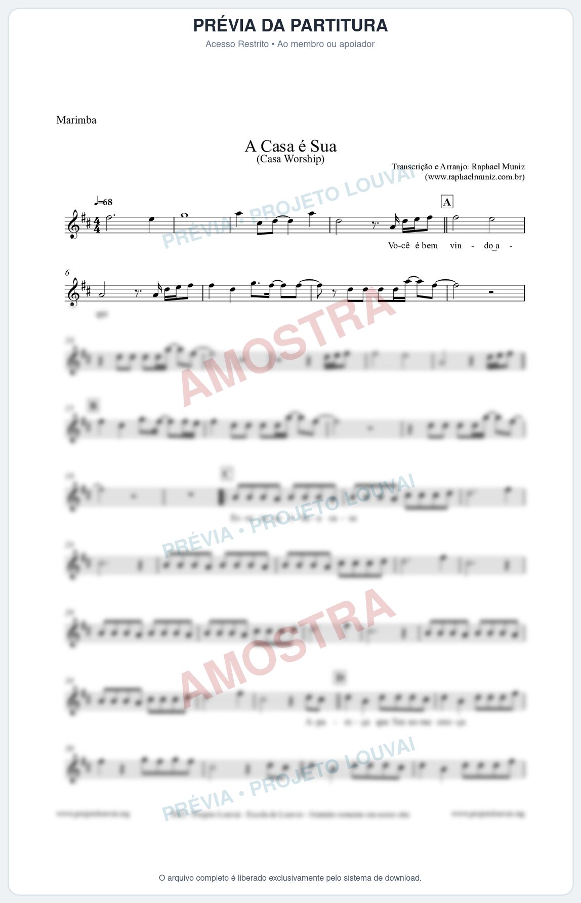 Prévia protegida da primeira página da partitura Partitura para Marimba - A Casa é Sua - Casa Worship