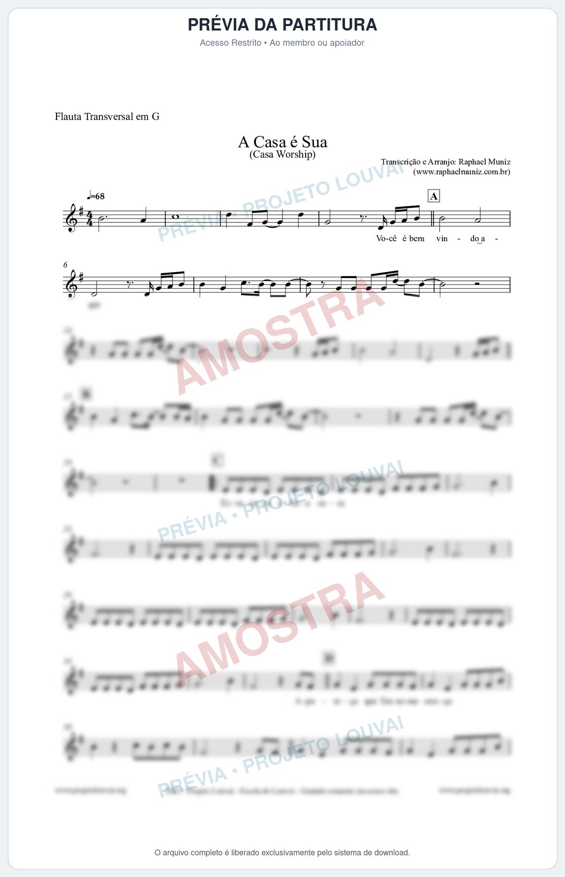 Prévia protegida da primeira página da partitura Partitura para Flauta Transversal em G - A Casa é Sua - Casa Worship