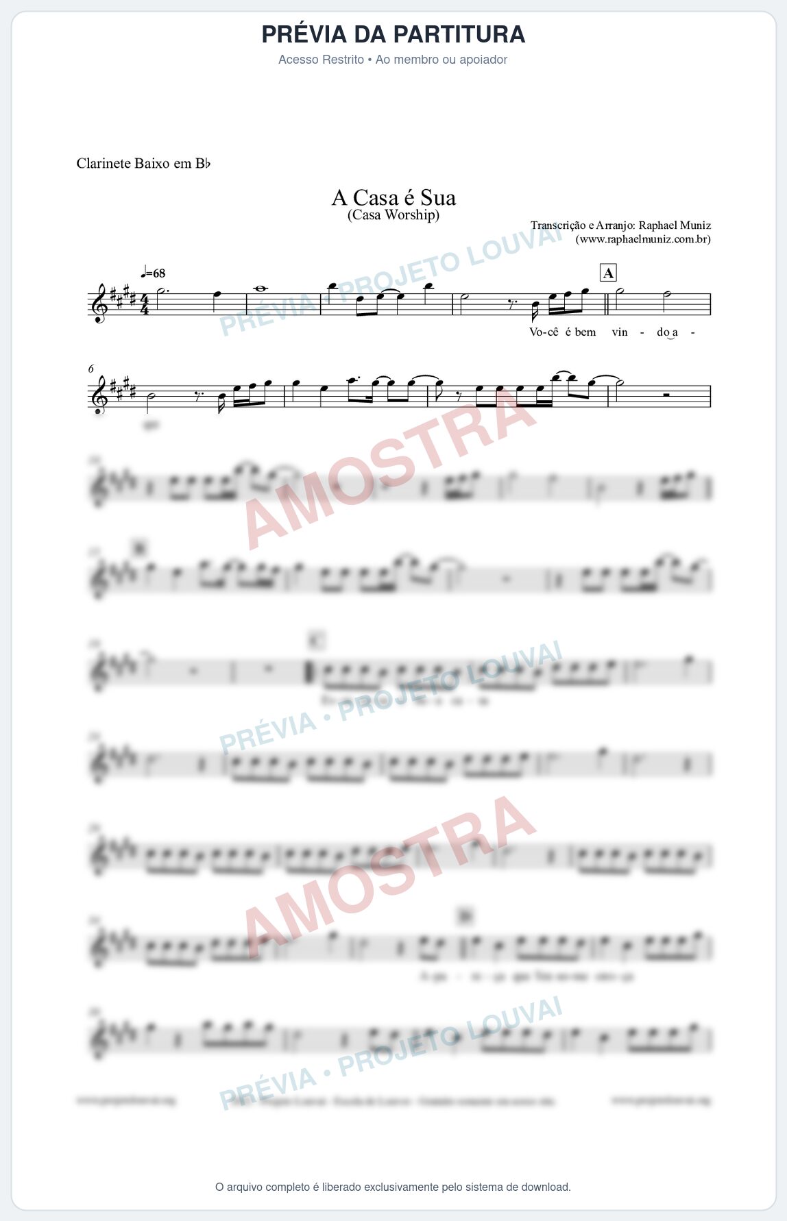 Prévia protegida da primeira página da partitura Partitura para Clarinete Baixo em Bb - A Casa é Sua - Casa Worship