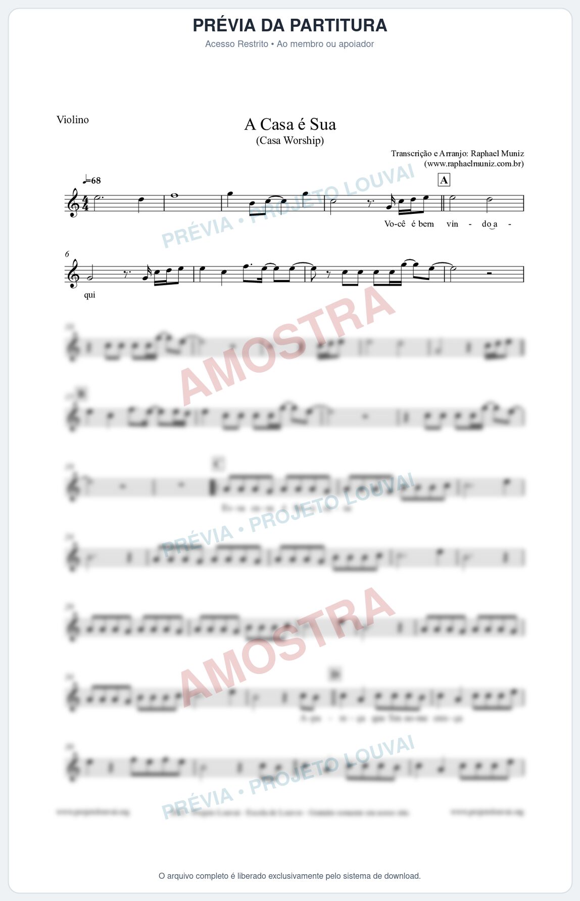 Prévia protegida da primeira página da partitura Partitura para Violino - A Casa é Sua - Casa Worship
