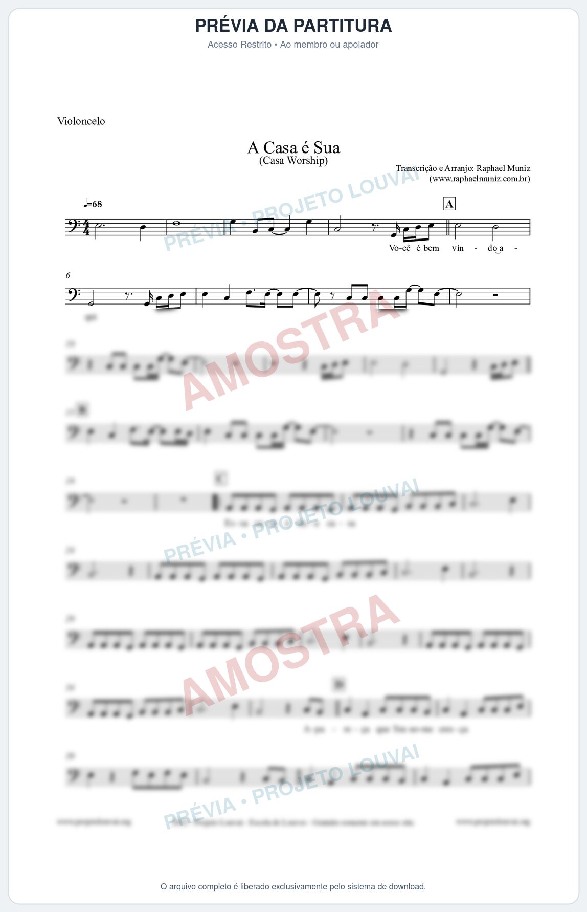 Prévia protegida da primeira página da partitura Partitura para Violoncelo - A Casa é Sua - Casa Worship