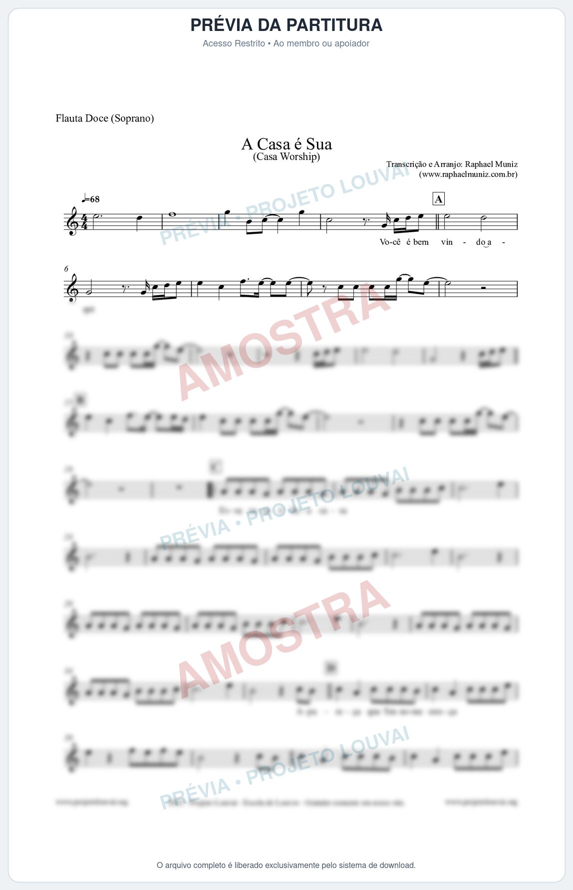 Prévia protegida da primeira página da partitura Partitura para Flauta Doce (Soprano) - A Casa é Sua - Casa Worship