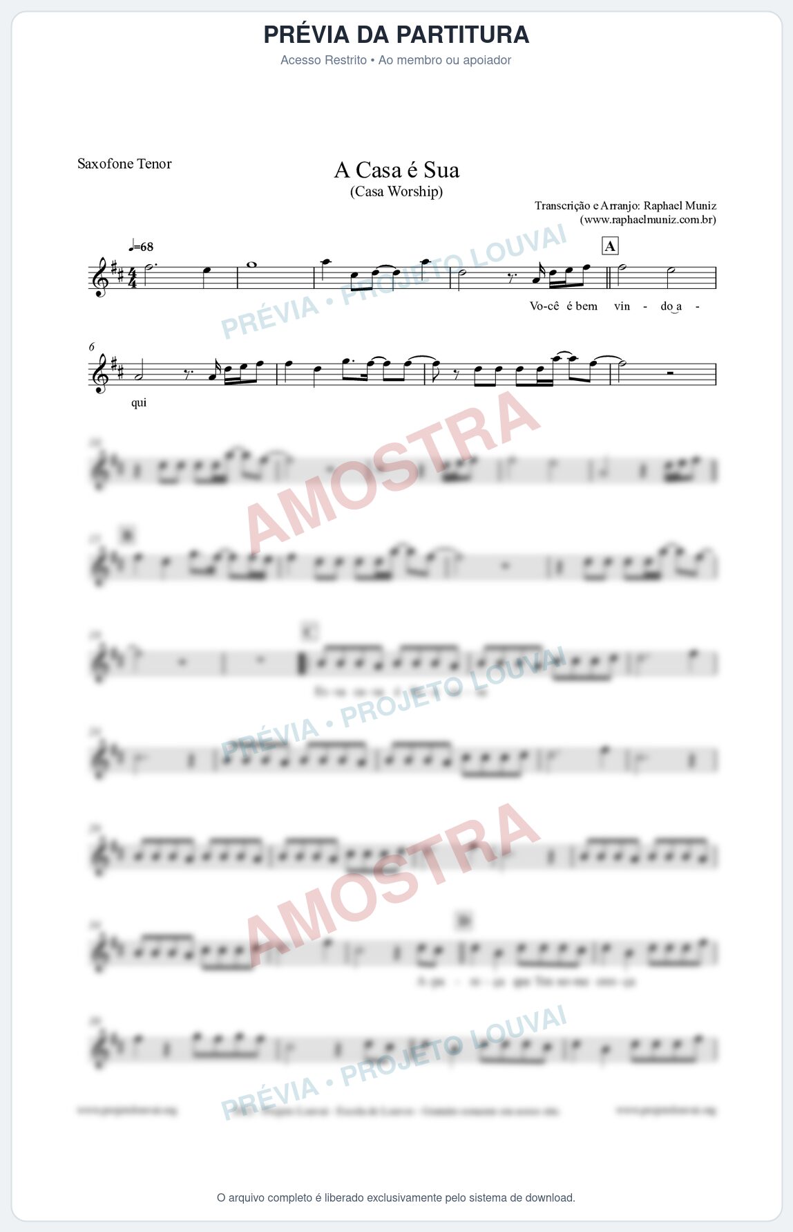 Prévia protegida da primeira página da partitura Partitura para Saxofone Tenor - A Casa é Sua - Casa Worship