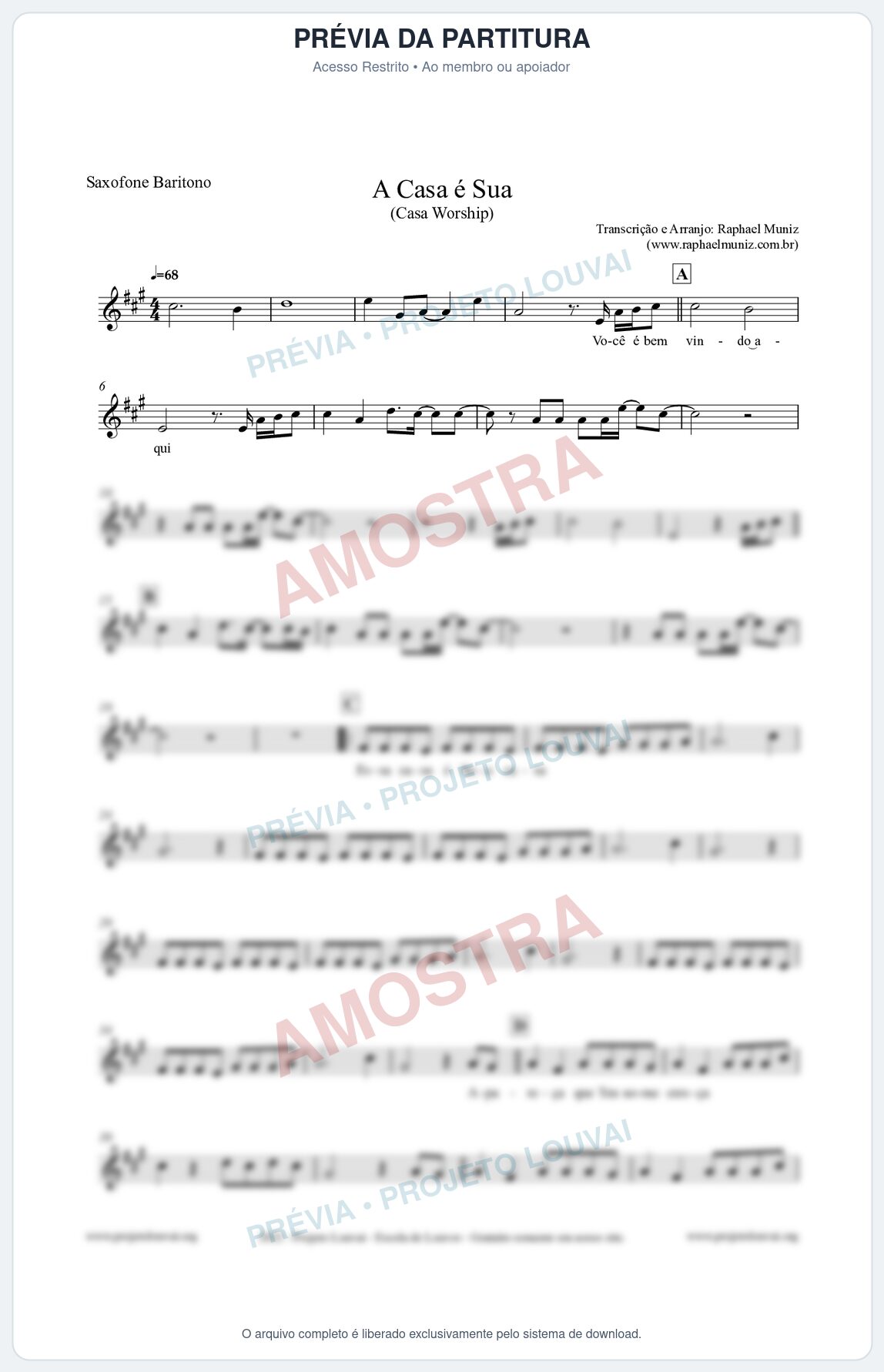 Prévia protegida da primeira página da partitura Partitura para Saxofone Barítono - A Casa é Sua - Casa Worship