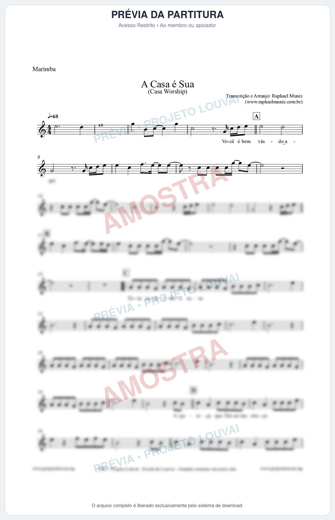 Prévia protegida da primeira página da partitura Partitura para Marimba - A Casa é Sua - Casa Worship