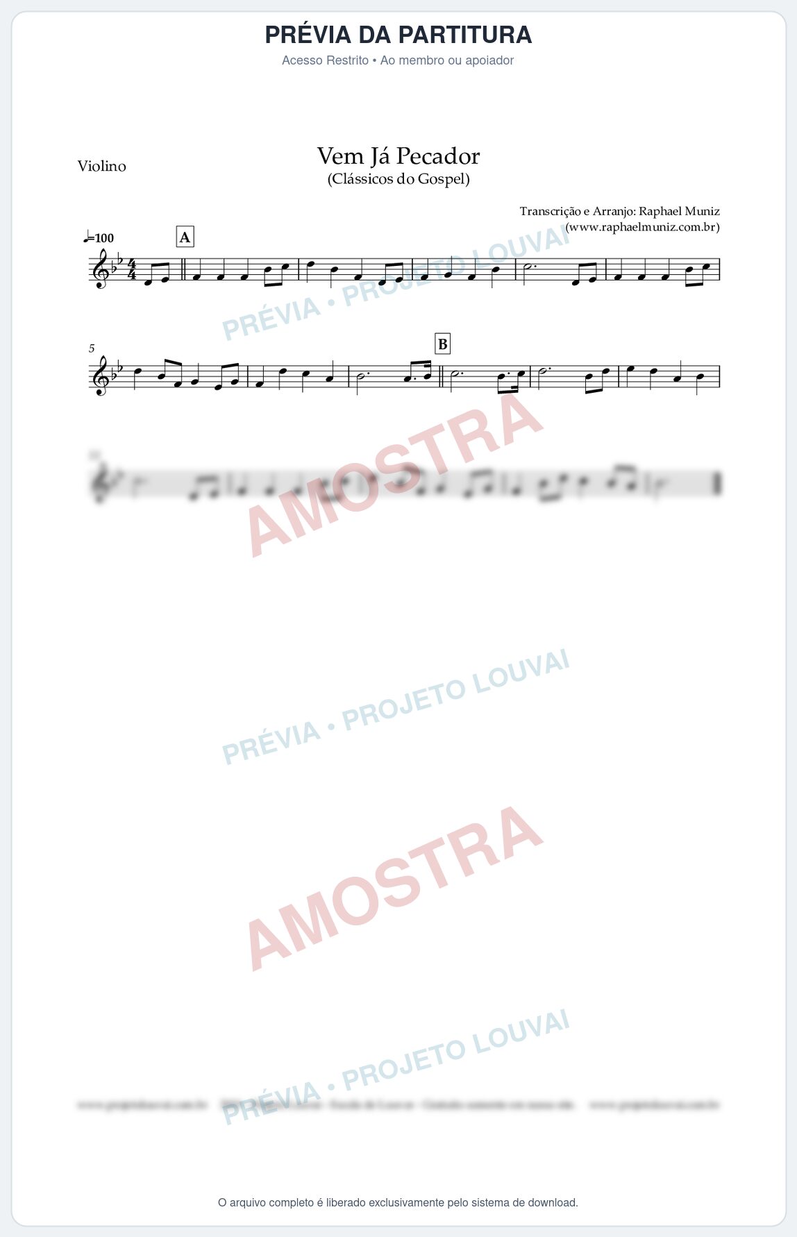 Prévia protegida da primeira página da partitura Partitura para Violino - Vem Já Pecador - Harpa Cristã nº 12 - Clássicos do Gospel