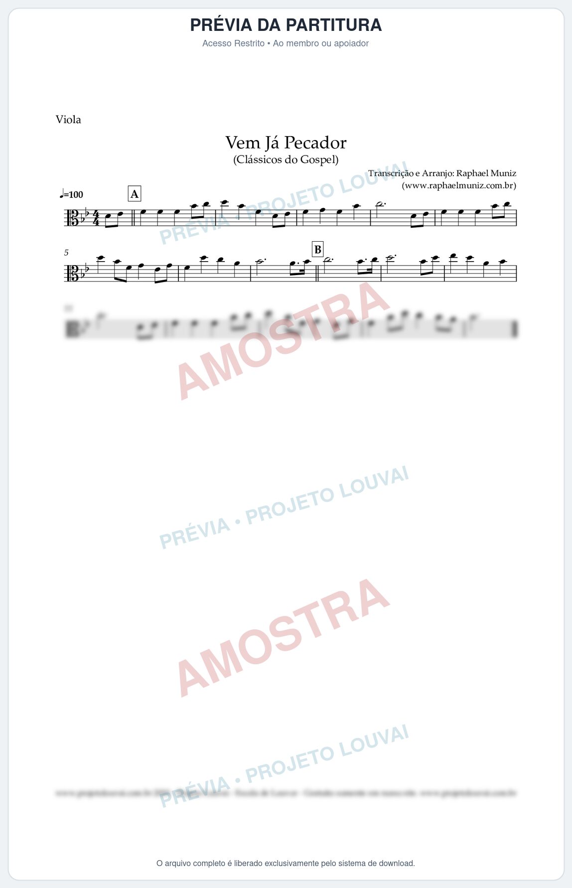 Prévia protegida da primeira página da partitura Partitura para Viola - Vem Já Pecador - Harpa Cristã nº 12 - Clássicos do Gospel