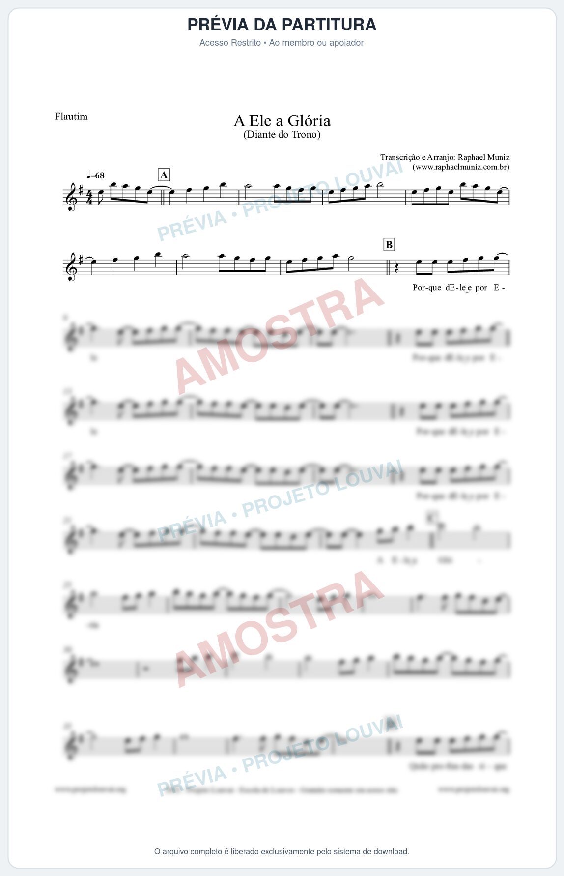 Prévia protegida da primeira página da partitura Partitura para Flautim - A Ele a Glória - Diante do Trono