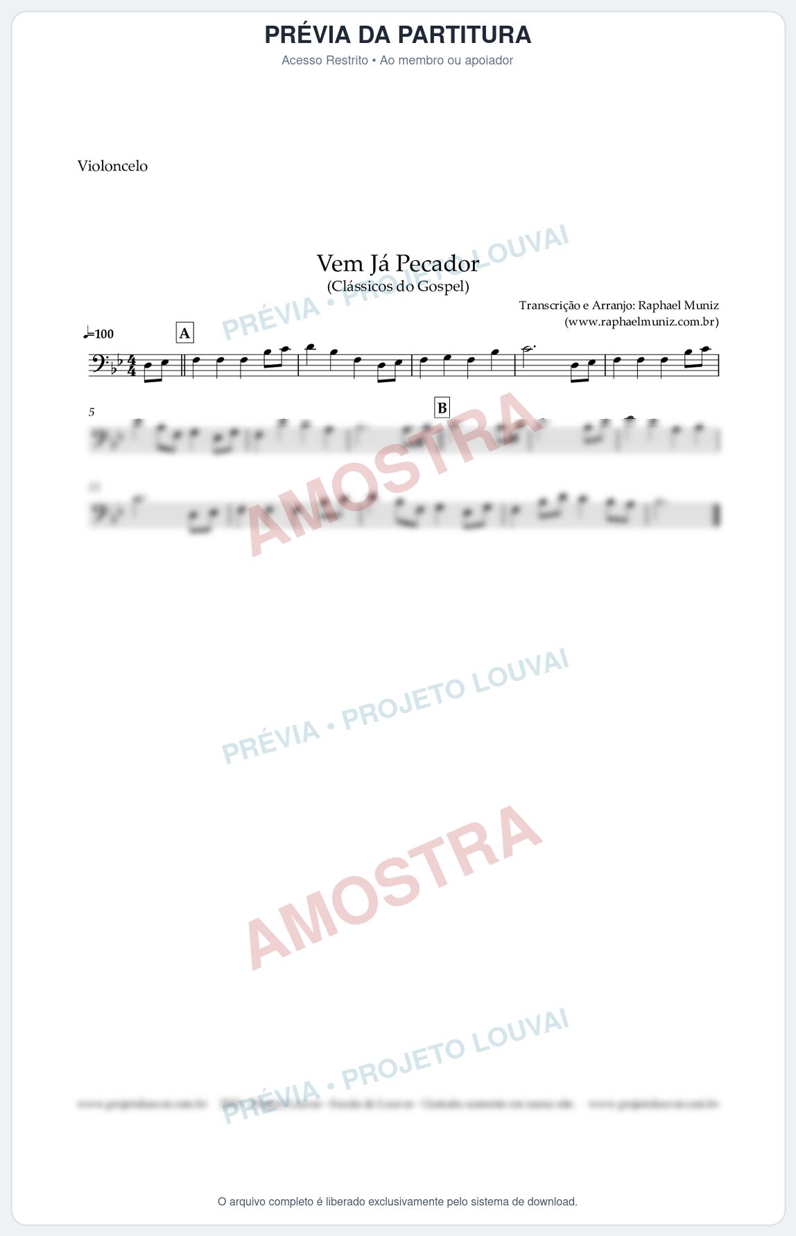 Prévia protegida da primeira página da partitura Partitura para Violoncelo - Vem Já Pecador - Harpa Cristã nº 12 - Clássicos do Gospel