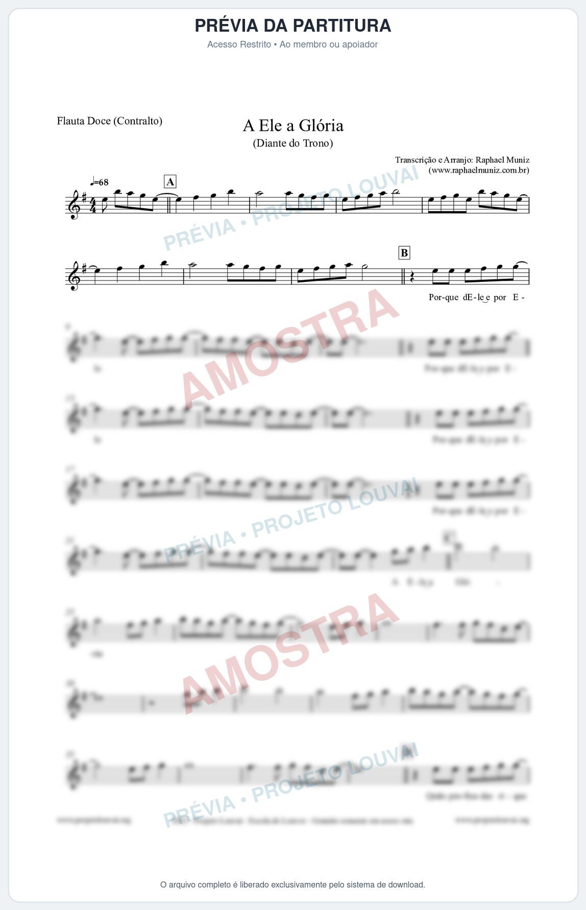 Prévia protegida da primeira página da partitura Partitura para Flauta Doce (Contralto) - A Ele a Glória - Diante do Trono
