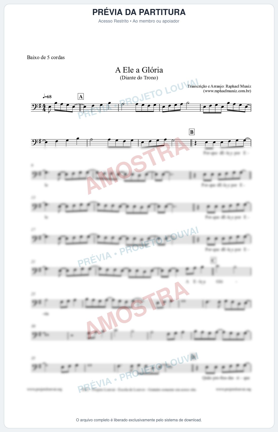 Prévia protegida da primeira página da partitura Partitura para Baixo de 5 cordas - A Ele a Glória - Diante do Trono