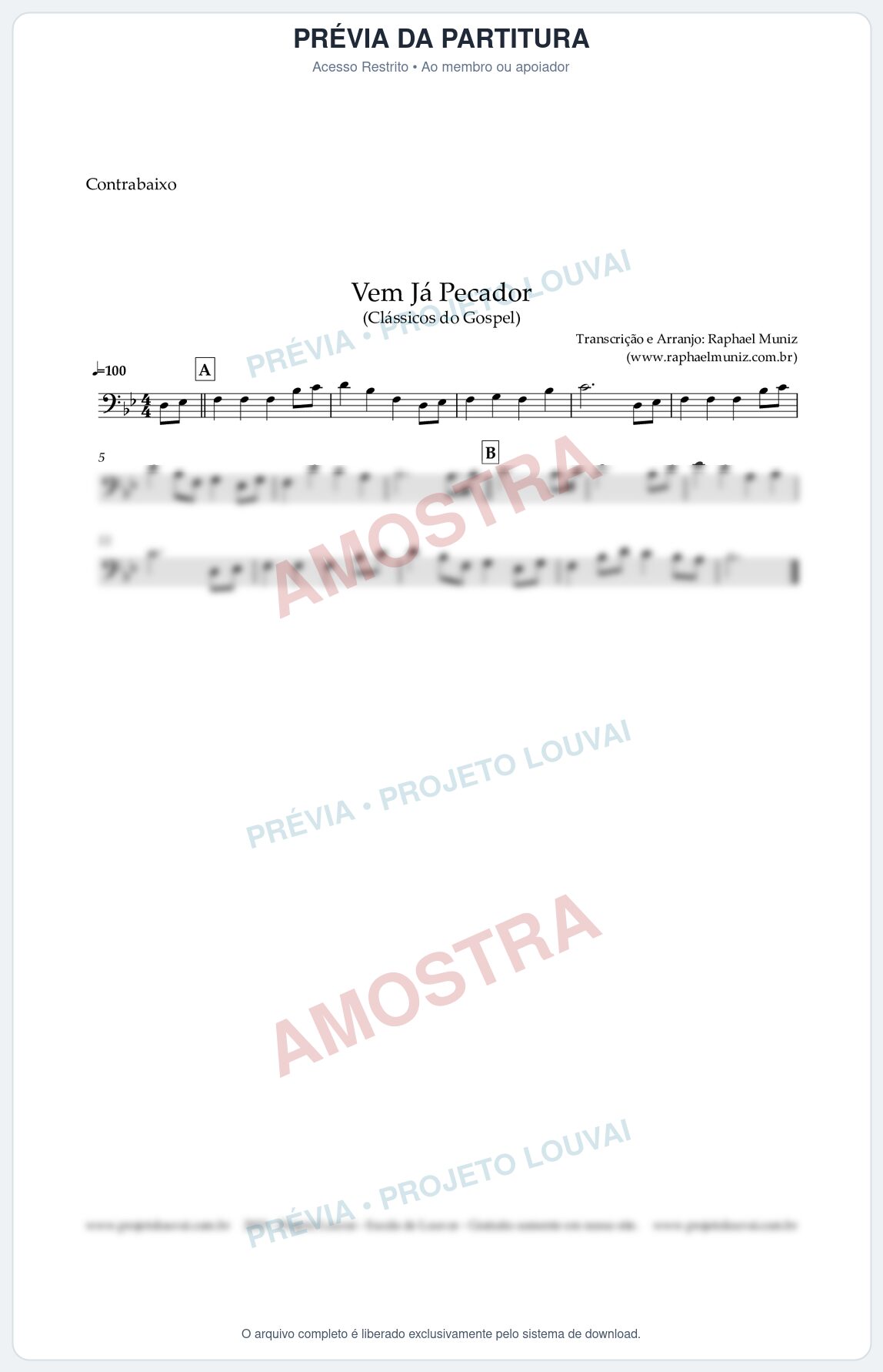 Prévia protegida da primeira página da partitura Partitura para Contrabaixo Acústico - Vem Já Pecador - Harpa Cristã nº 12 - Clássicos do Gospel