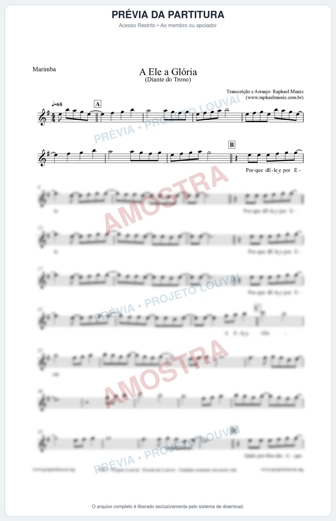 Prévia protegida da primeira página da partitura Partitura para Marimba - A Ele a Glória - Diante do Trono