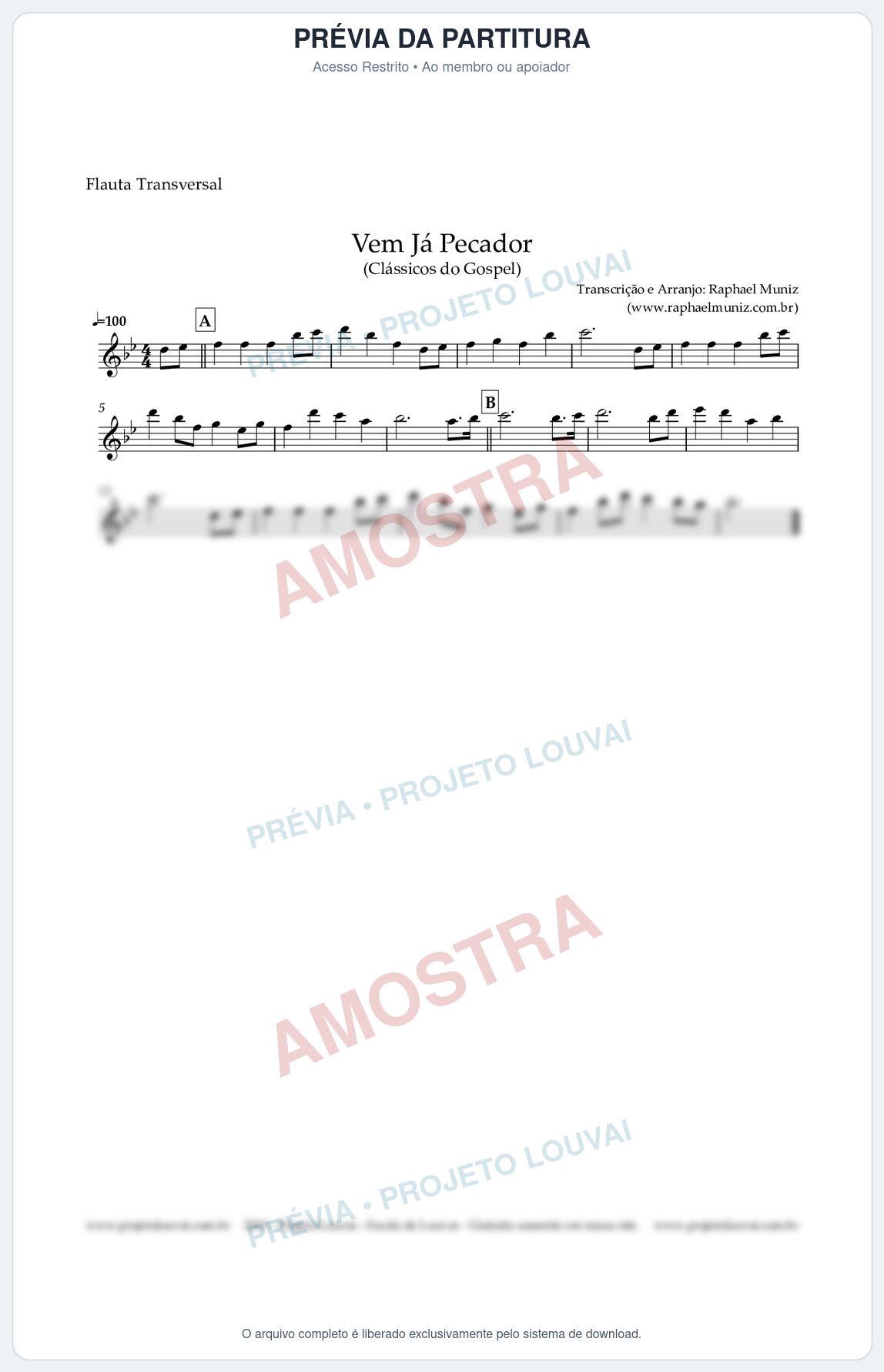 Prévia protegida da primeira página da partitura Partitura para Flauta Transversal - Vem Já Pecador - Harpa Cristã nº 12 - Clássicos do Gospel