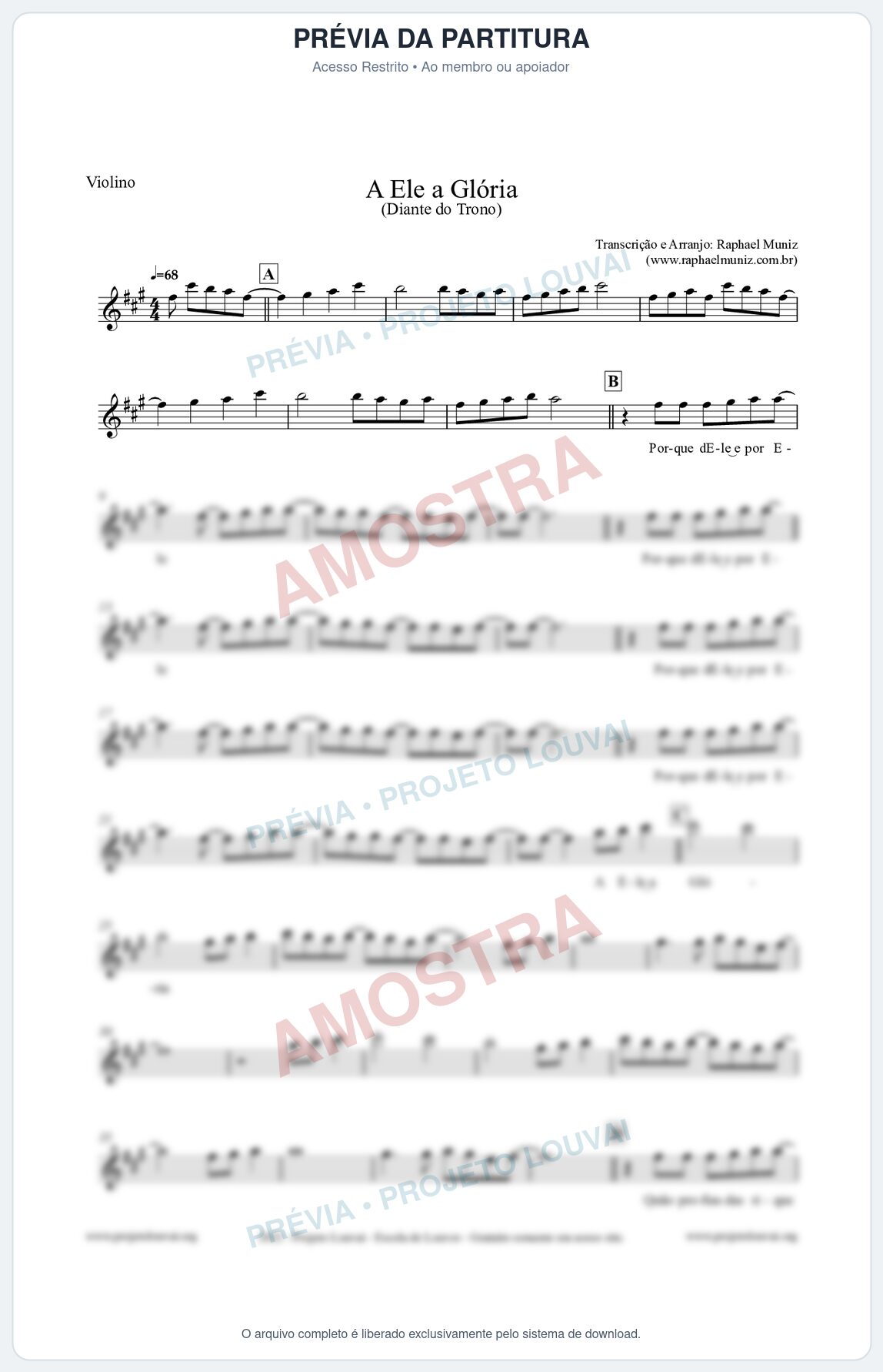 Prévia protegida da primeira página da partitura Partitura para Violino - A Ele a Glória - Diante do Trono