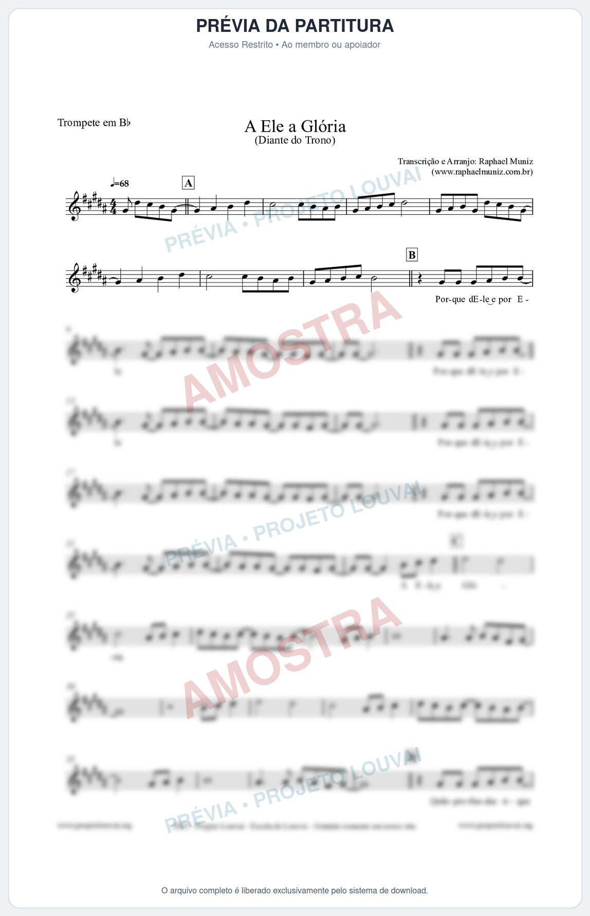 Prévia protegida da primeira página da partitura Partitura para Trompete em Bb - A Ele a Glória - Diante do Trono