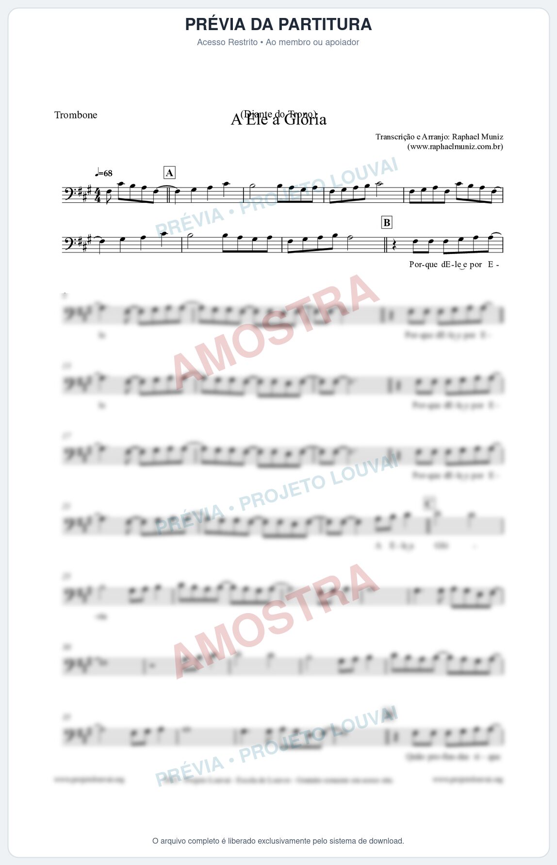 Prévia protegida da primeira página da partitura Partitura para Trombone - A Ele a Glória - Diante do Trono